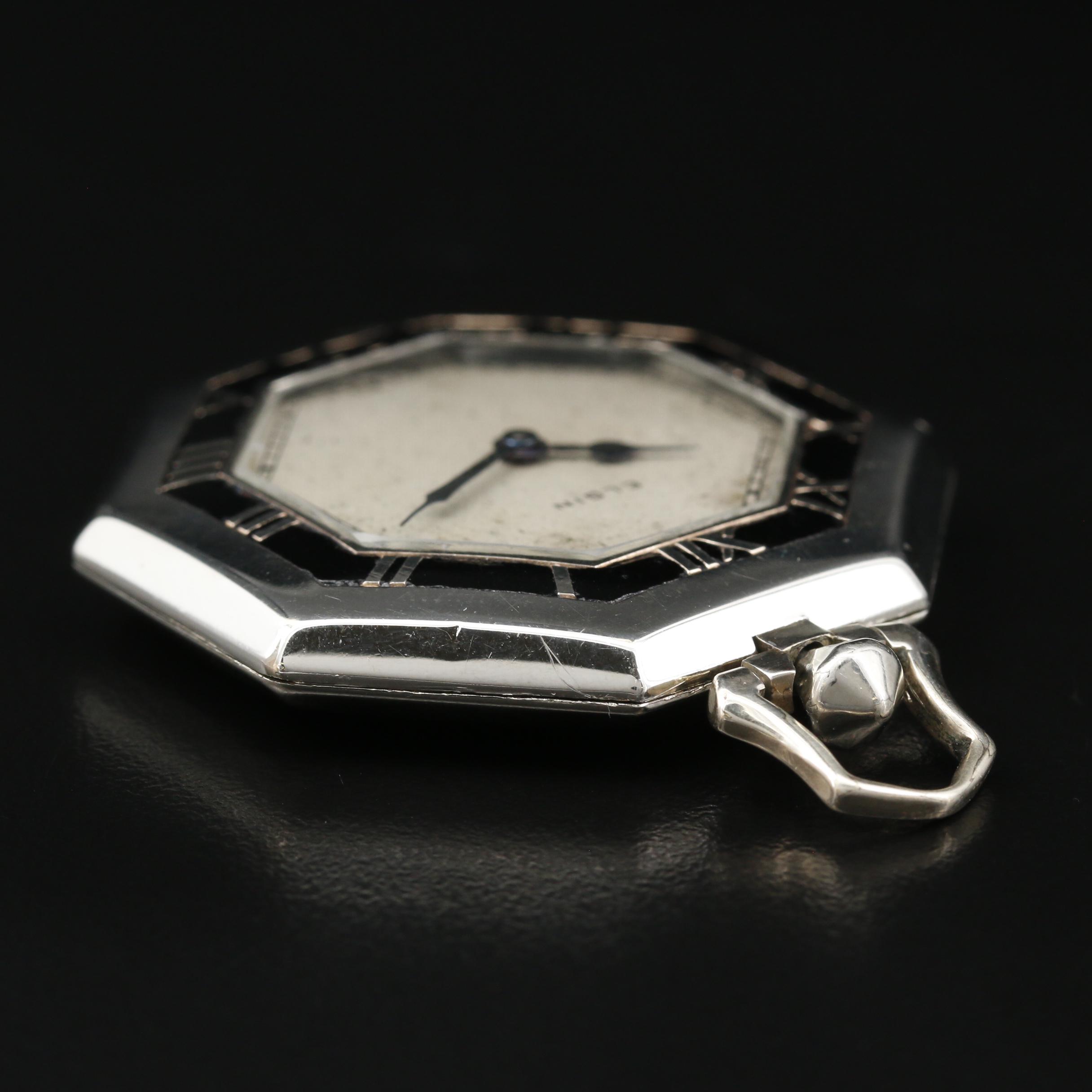 Elgin Art Deco 14K Gold Filled and Enamel Octagonal Open Face Pocket Watch