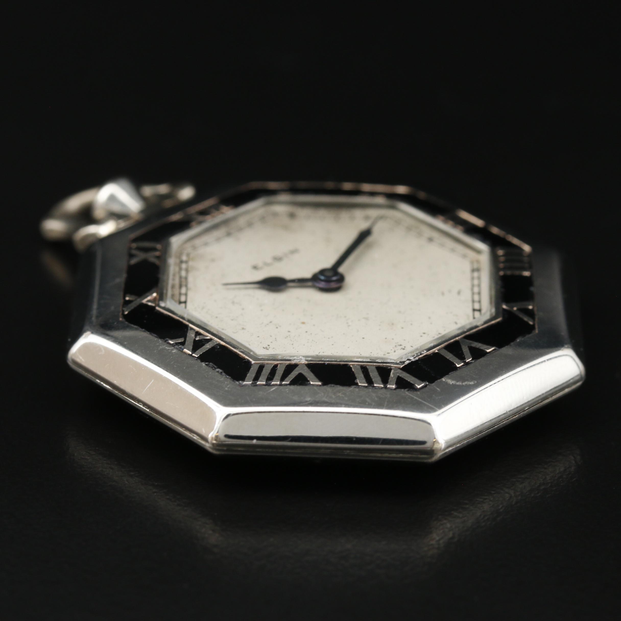 Elgin Art Deco 14K Gold Filled and Enamel Octagonal Open Face Pocket Watch