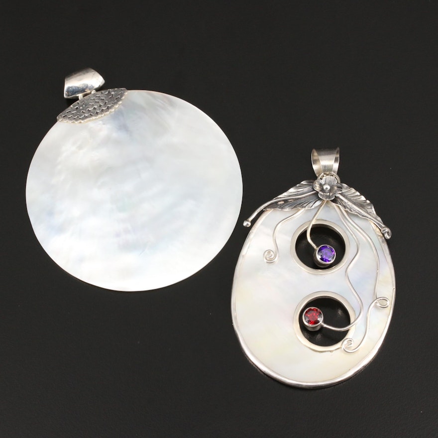 Sterling Silver Mother of Pearl Pendants Featuring Cubic Zirconia Accents