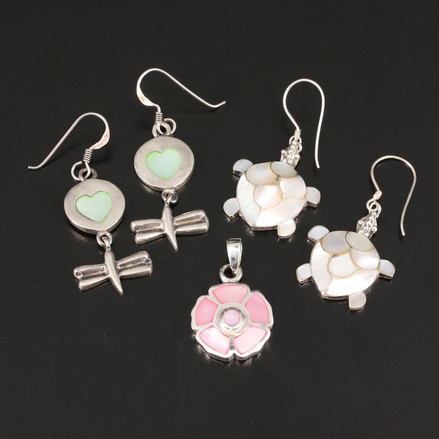 Selection of Sterling Silver Featuring Mother of Pearl Dangle Earrings