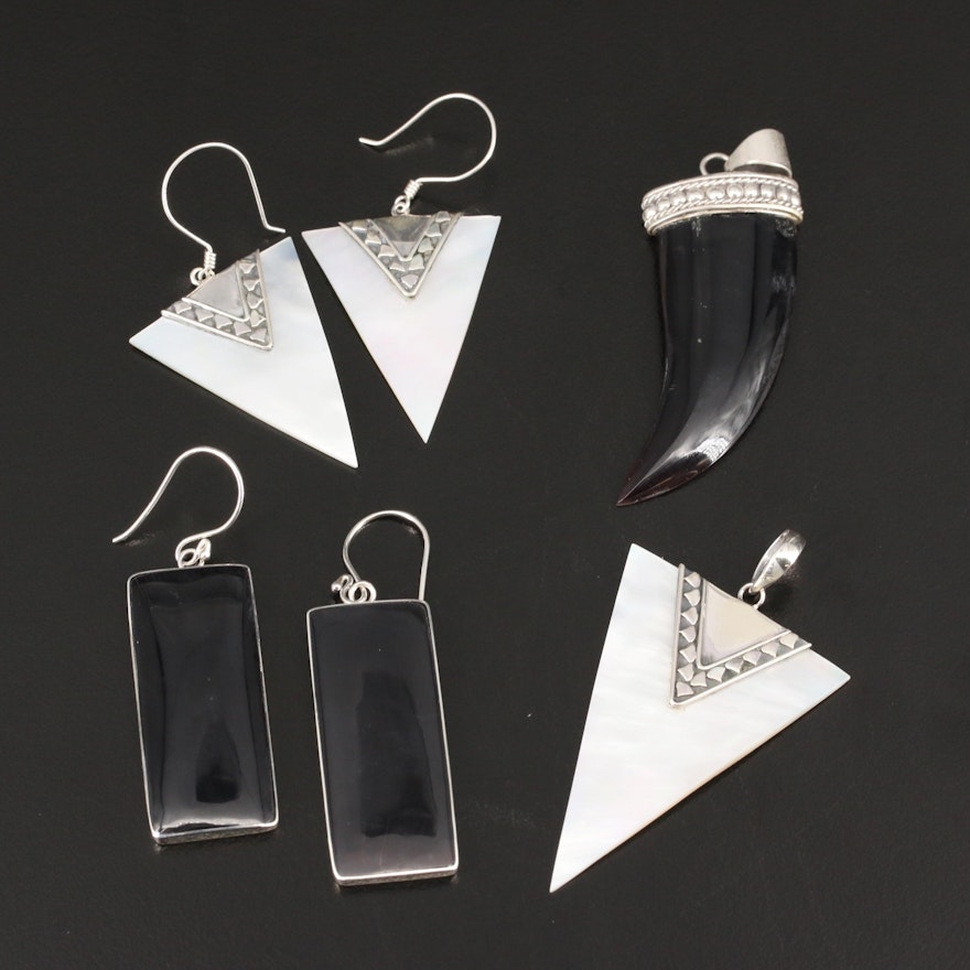 Sterling Mother of Pearl and Black Onyx Earrings and Pendants