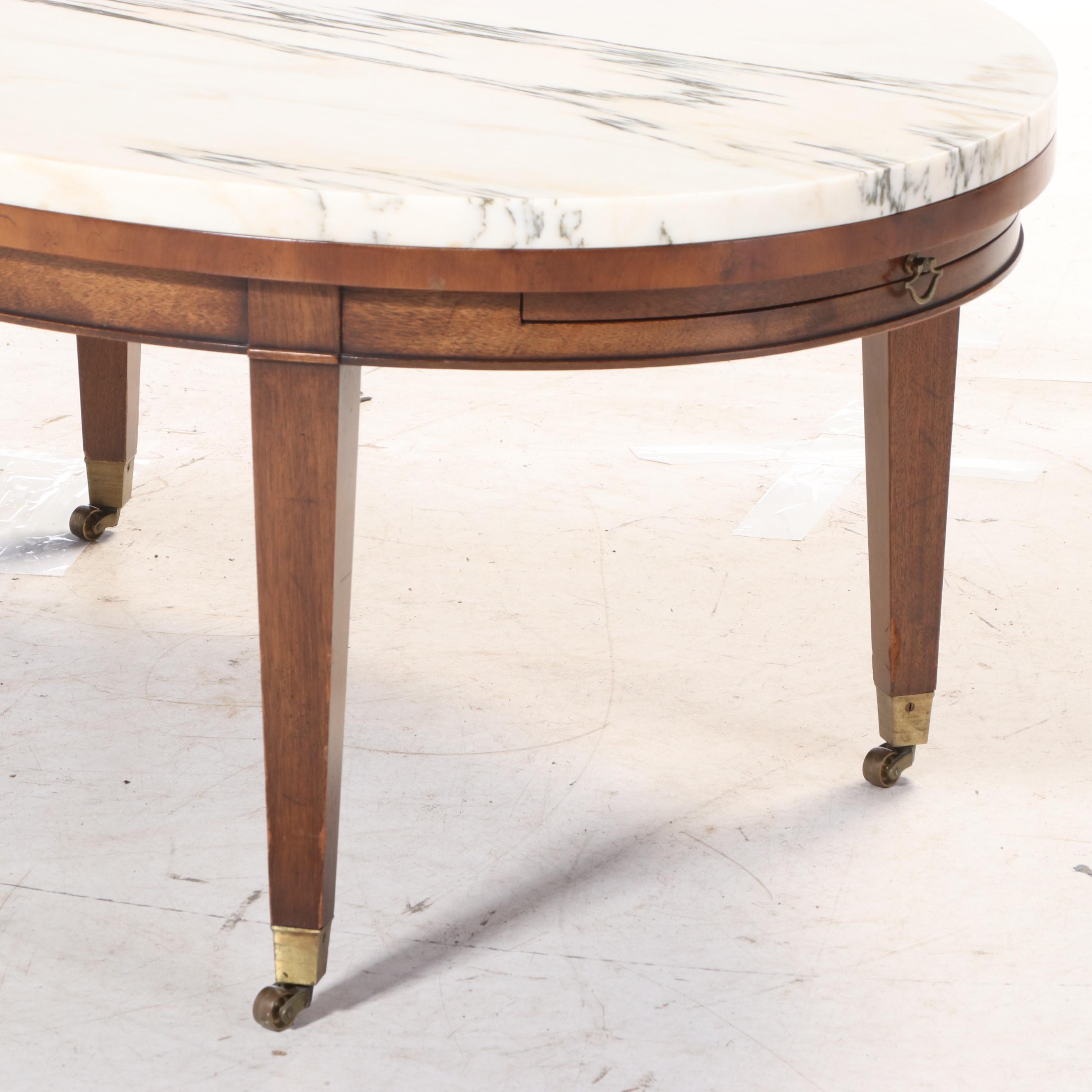 Old Colony Furniture Co Federal Style Mahogany, Yew, and Marble Top Coffee Table