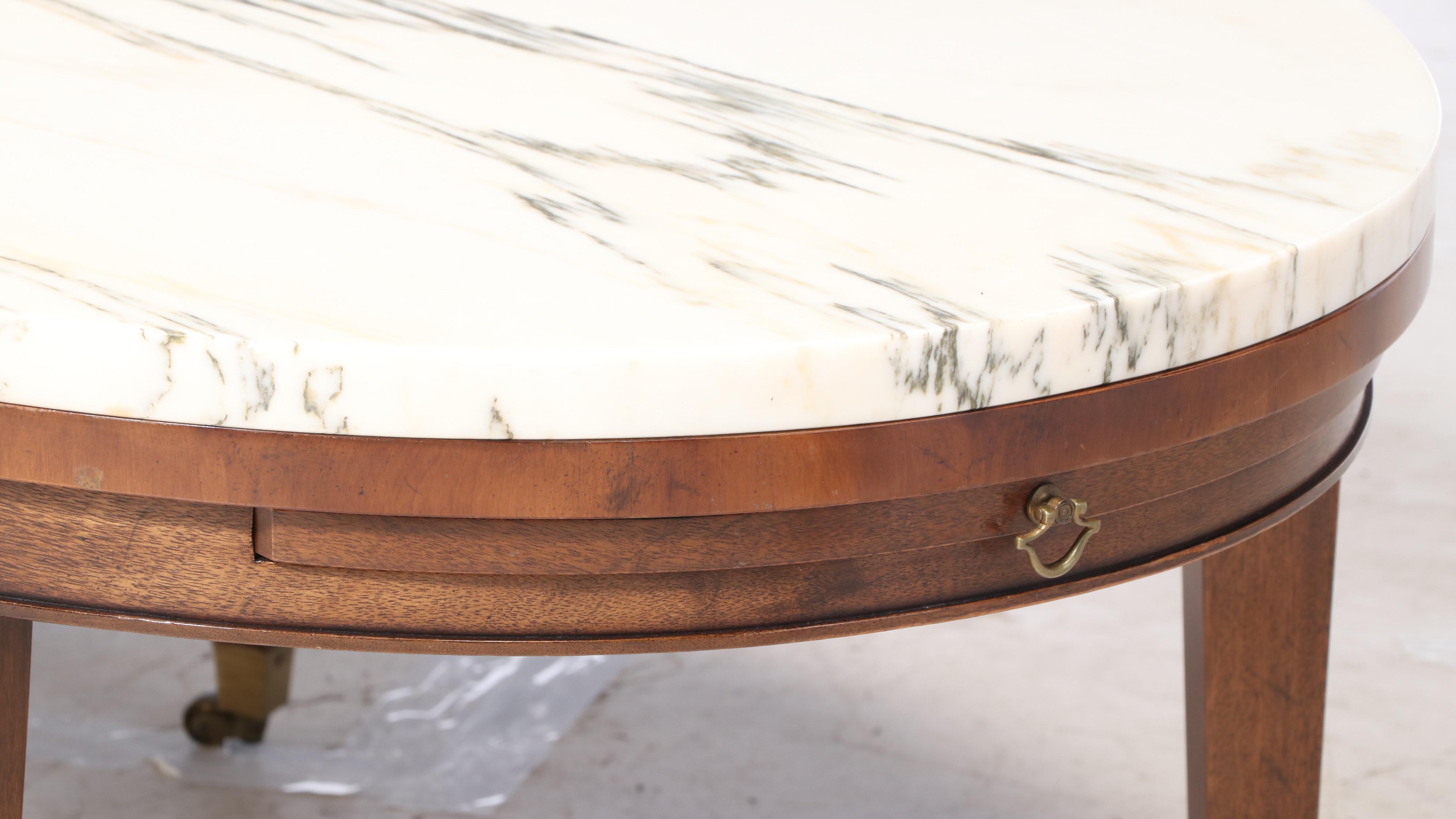 Old Colony Furniture Co Federal Style Mahogany, Yew, and Marble Top Coffee Table