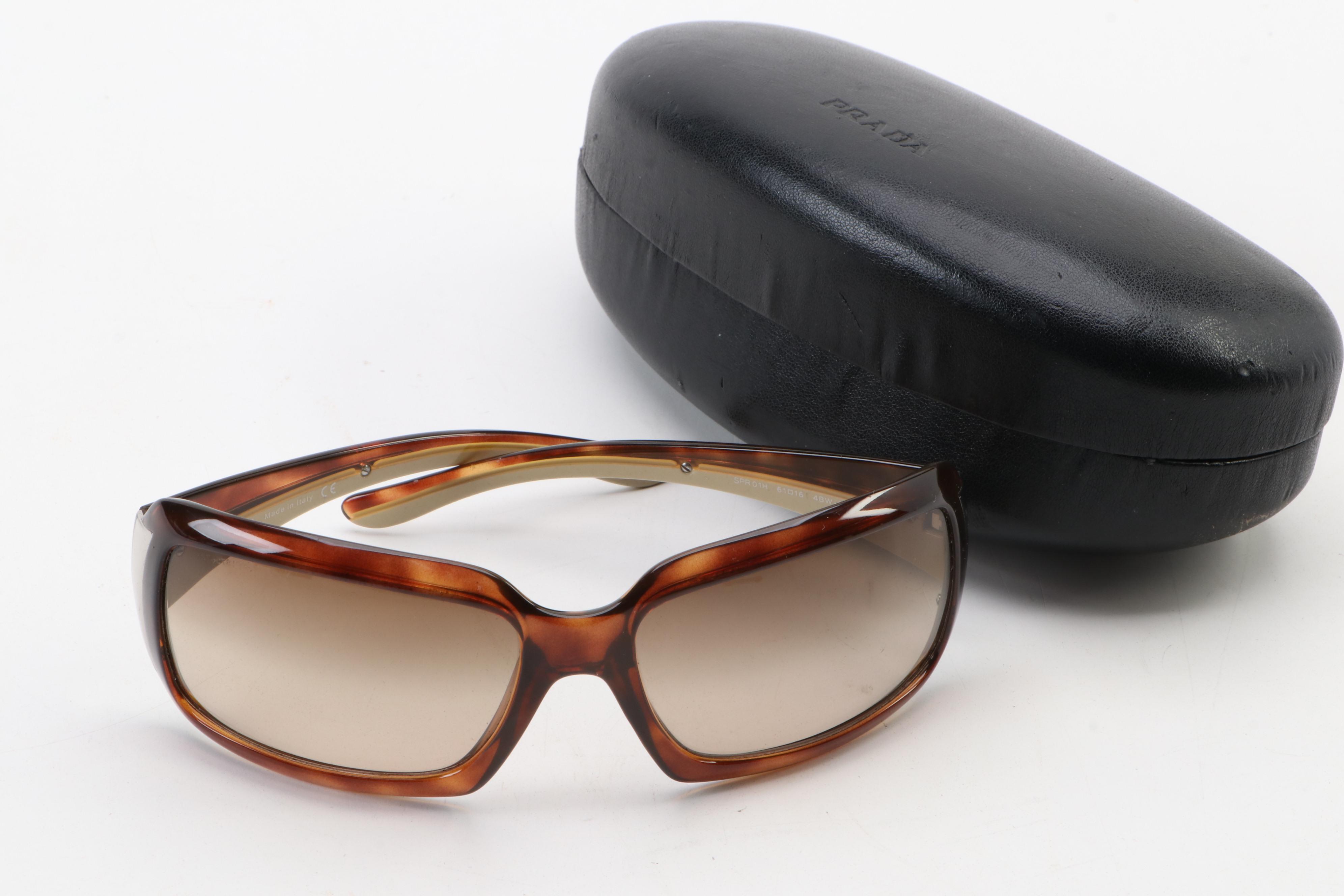 Prada SPR01H Square Tortoise Wrap Sunglasses with Case