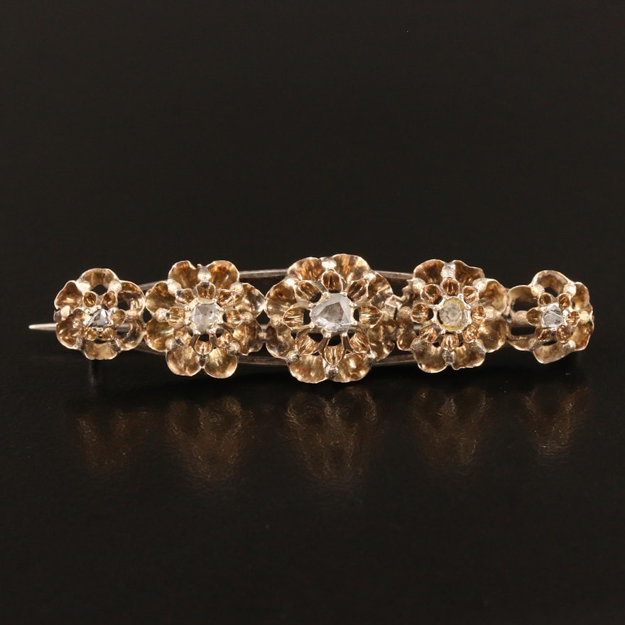 Early Victorian 14K and Sterling Silver Diamond Bar Brooch