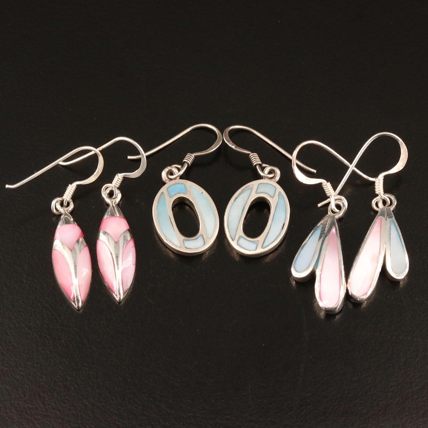 Sterling Silver and Mother of Pearl Inlay Dangle Earrings