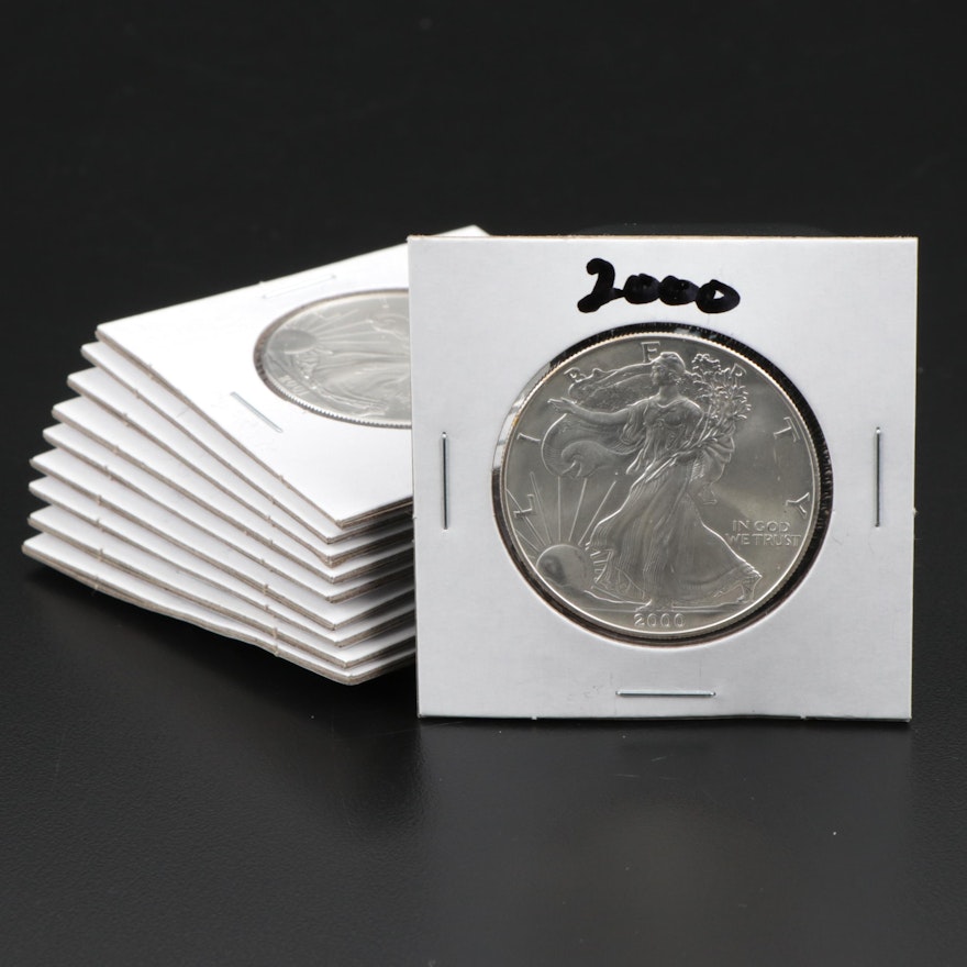Ten American Silver Eagle Dollar Bullion Coins, 2000 – 2009