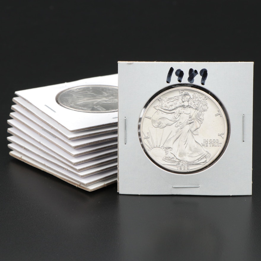 Ten 1989 American Silver Eagle Dollar Bullion Coins