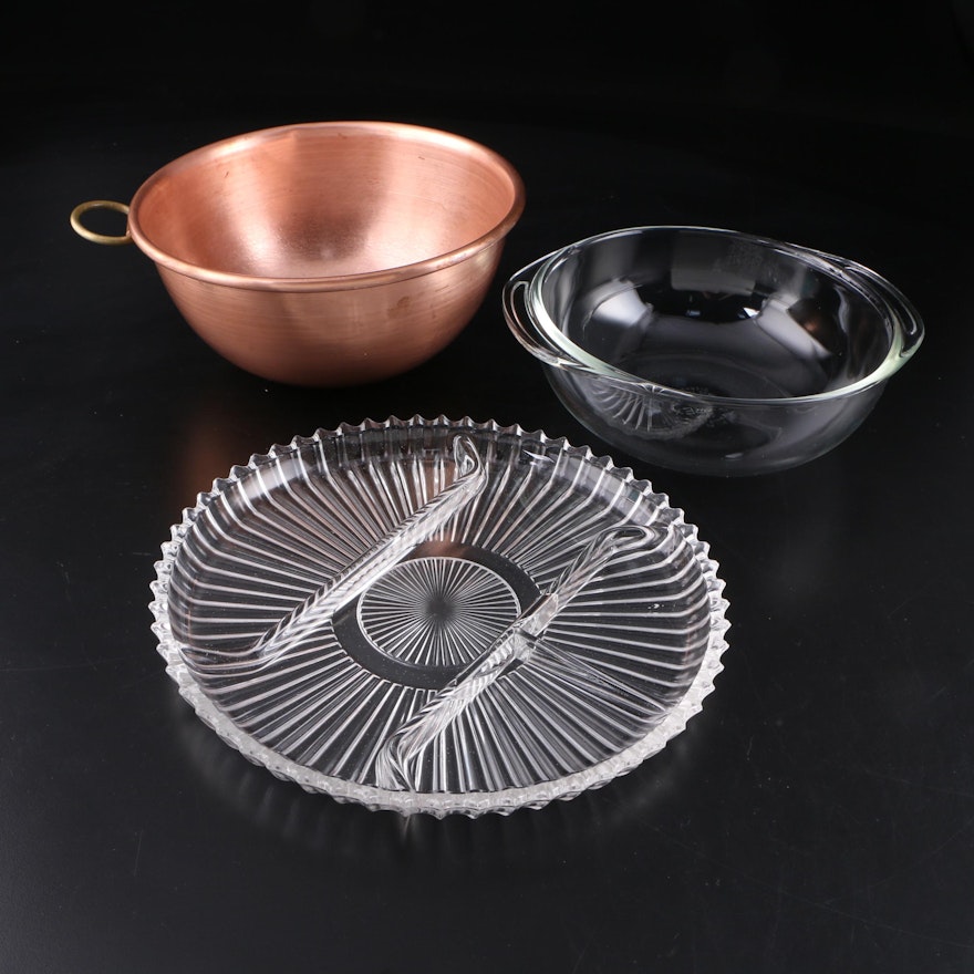 Pyrex Mixing Bowl, Copper Bowl and Glass Serving Plate