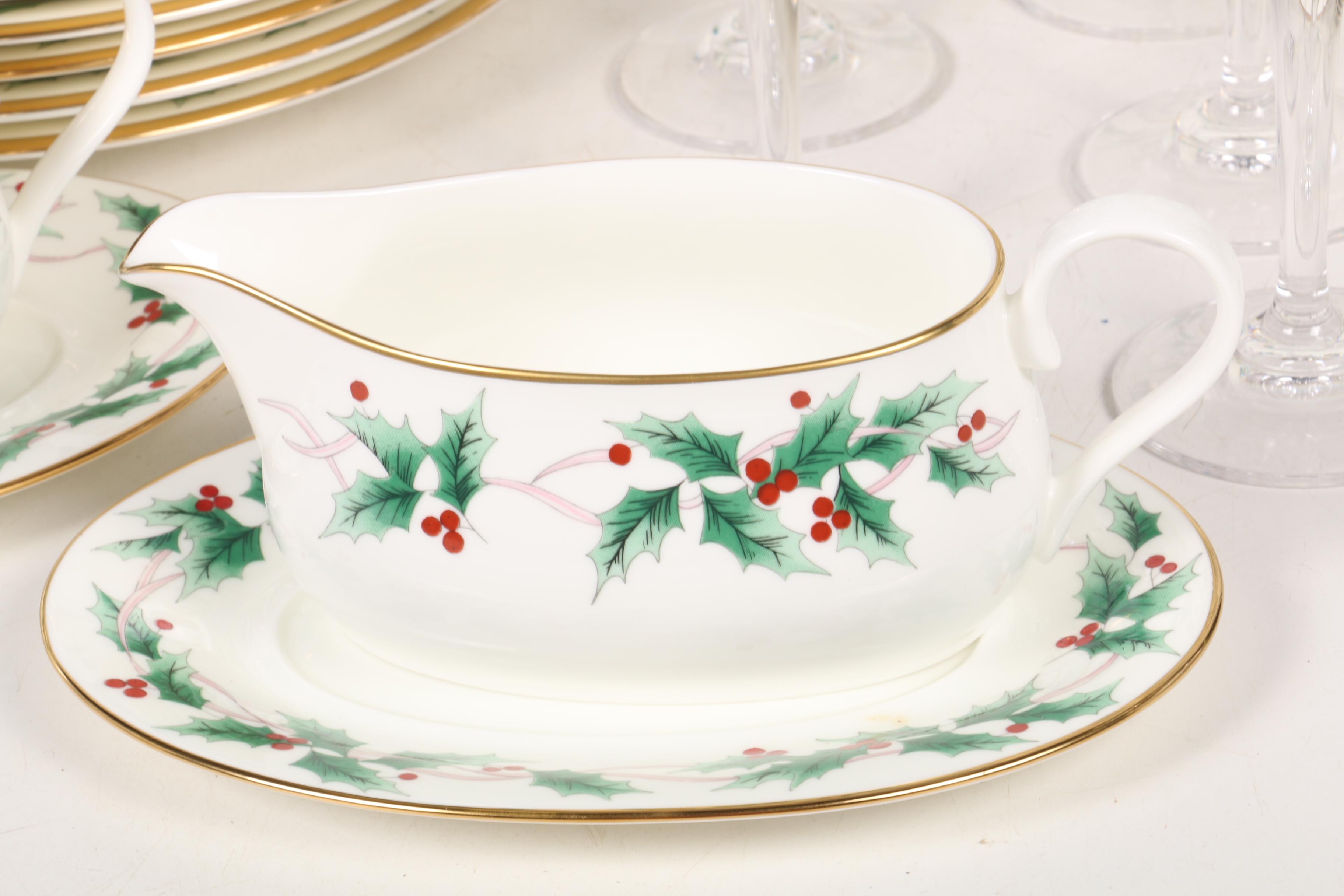 Mikasa "Ribbon Holly" Bone China and Glass Dinnerware, 1987–2007