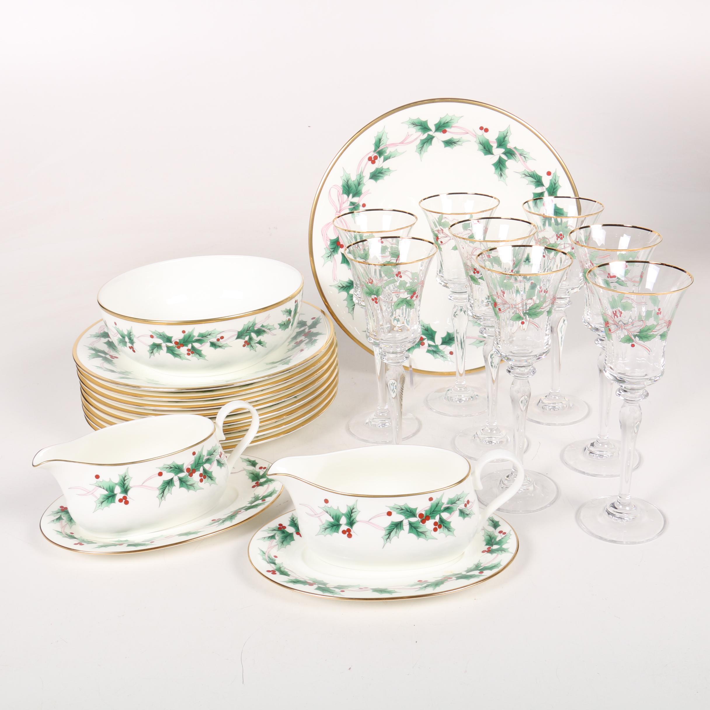 Mikasa "Ribbon Holly" Bone China and Glass Dinnerware, 1987–2007