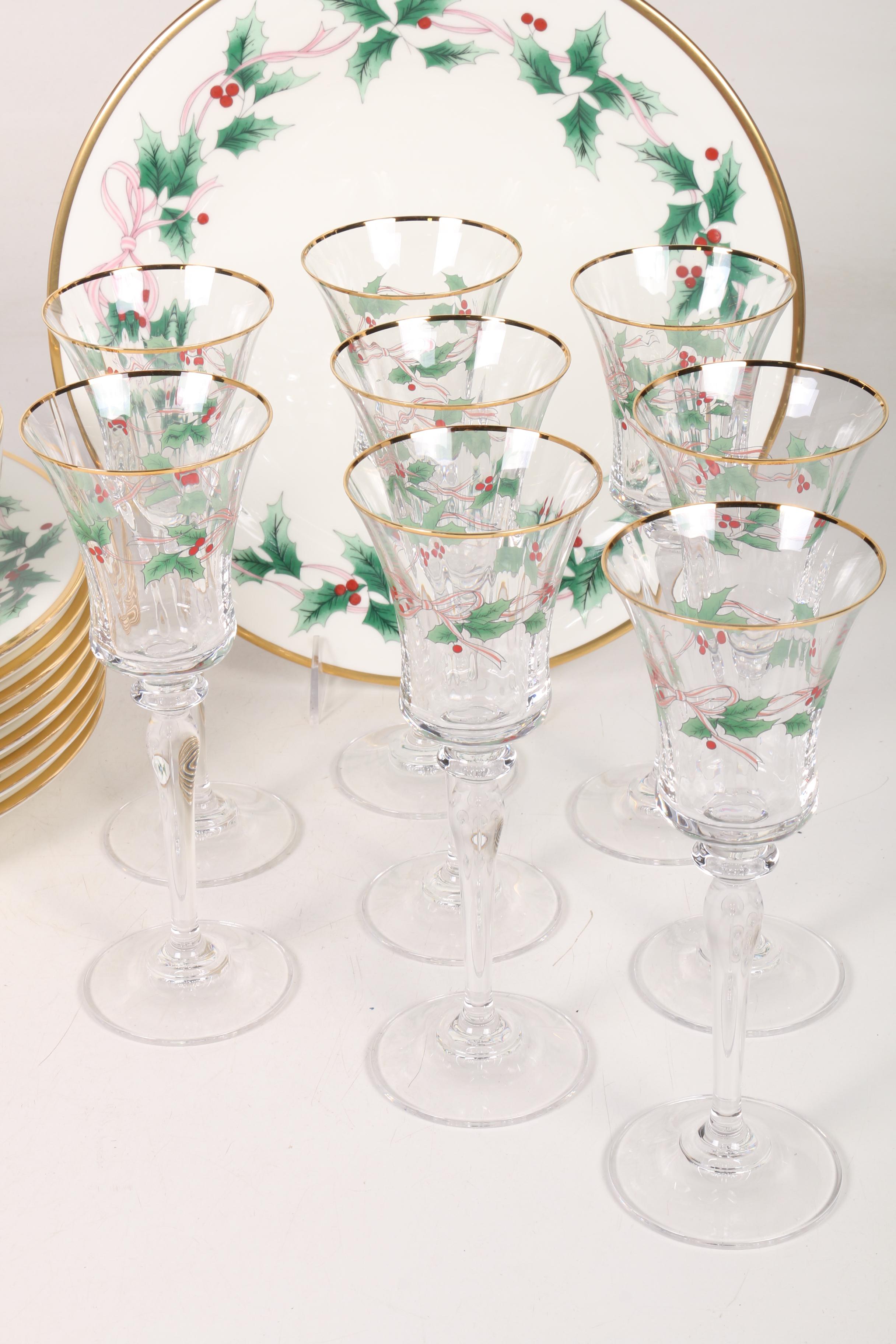 Mikasa "Ribbon Holly" Bone China and Glass Dinnerware, 1987–2007