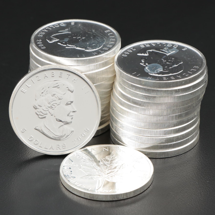 Roll of Twenty-Five 2009 $5 Canadian Maple Leaf Silver Bullion Coins