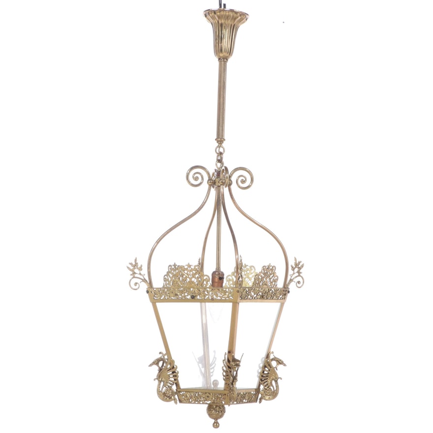 Brass Pendant Light with Dragon Cornices, Ginkgo Leaves and Blossoms, Vintage