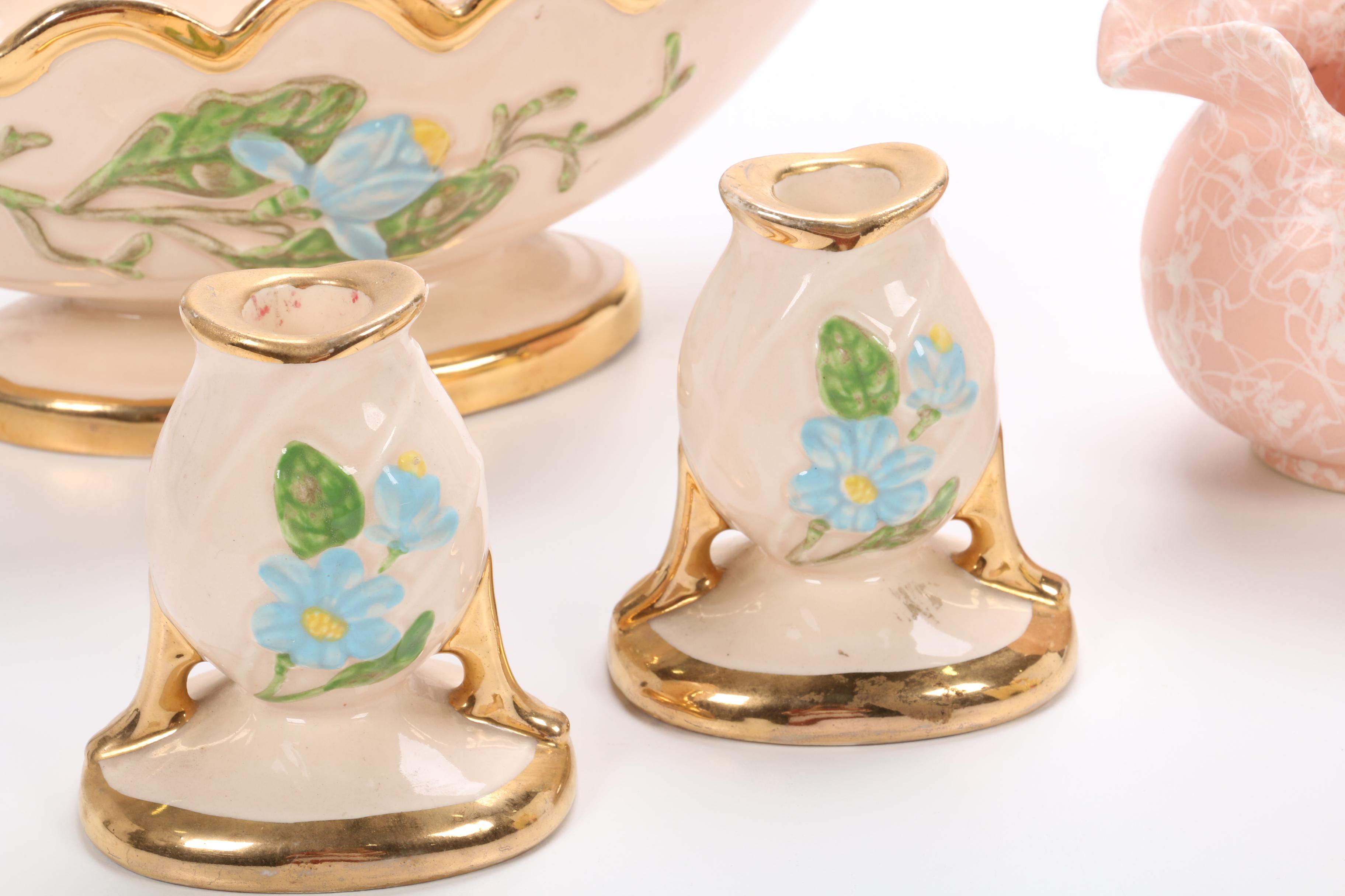 Hull and Shawnee Pottery with Other Vases and Candle Holders, Mid-20th C.