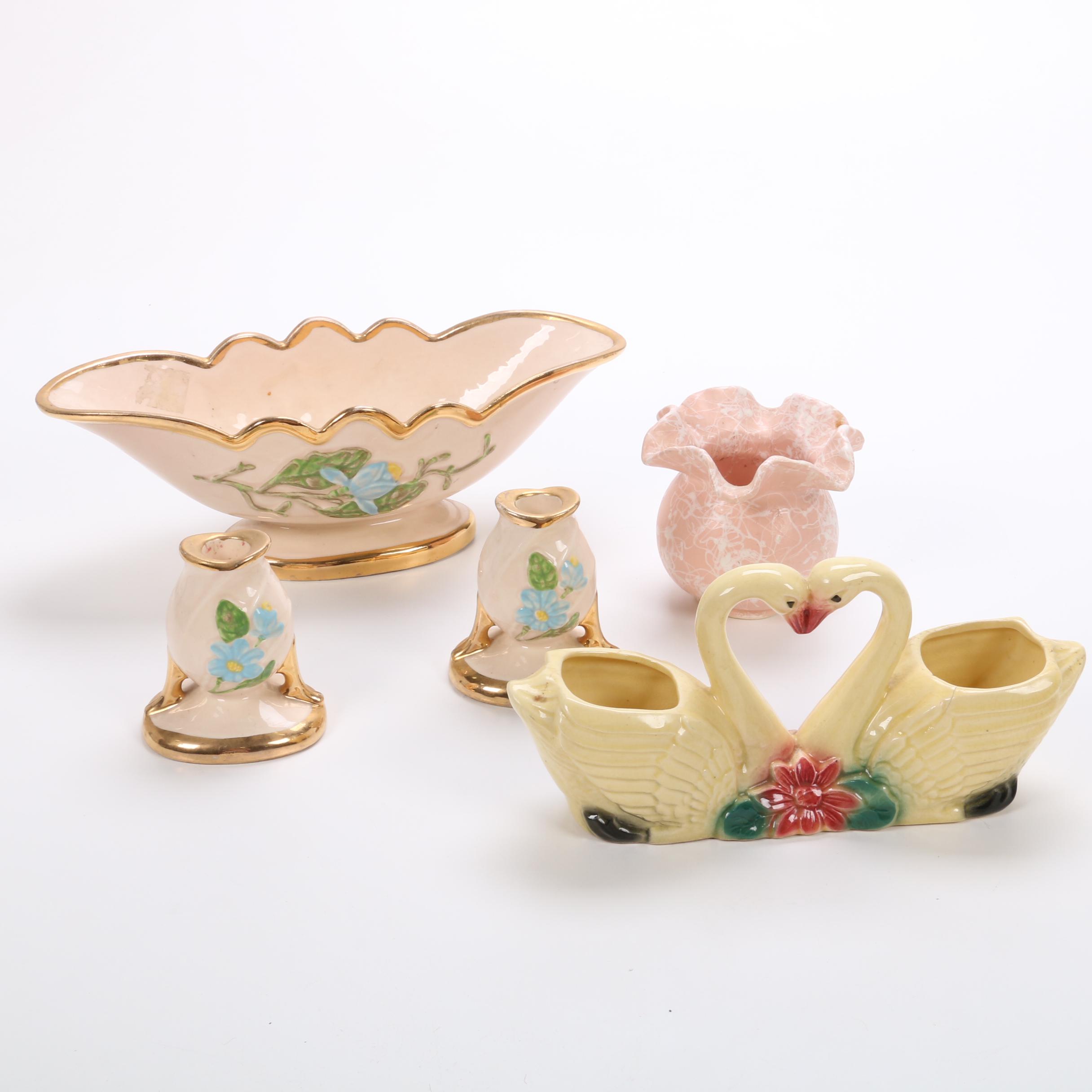 Hull and Shawnee Pottery with Other Vases and Candle Holders, Mid-20th C.