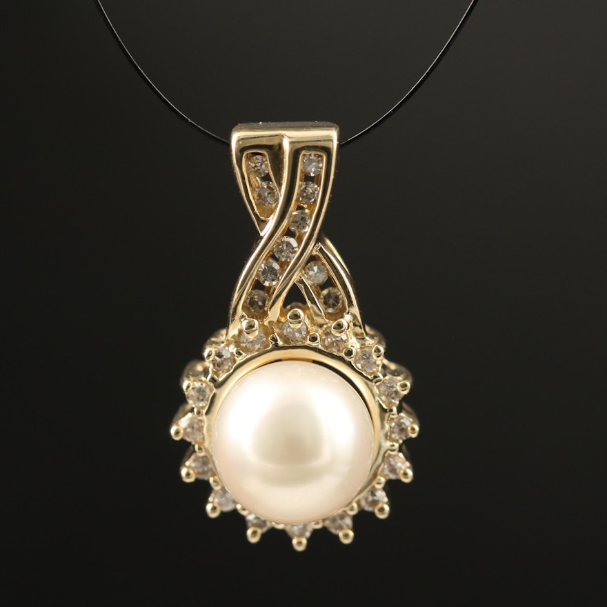 14K Pearl and Diamond Pendant with Halo and Channel Settings