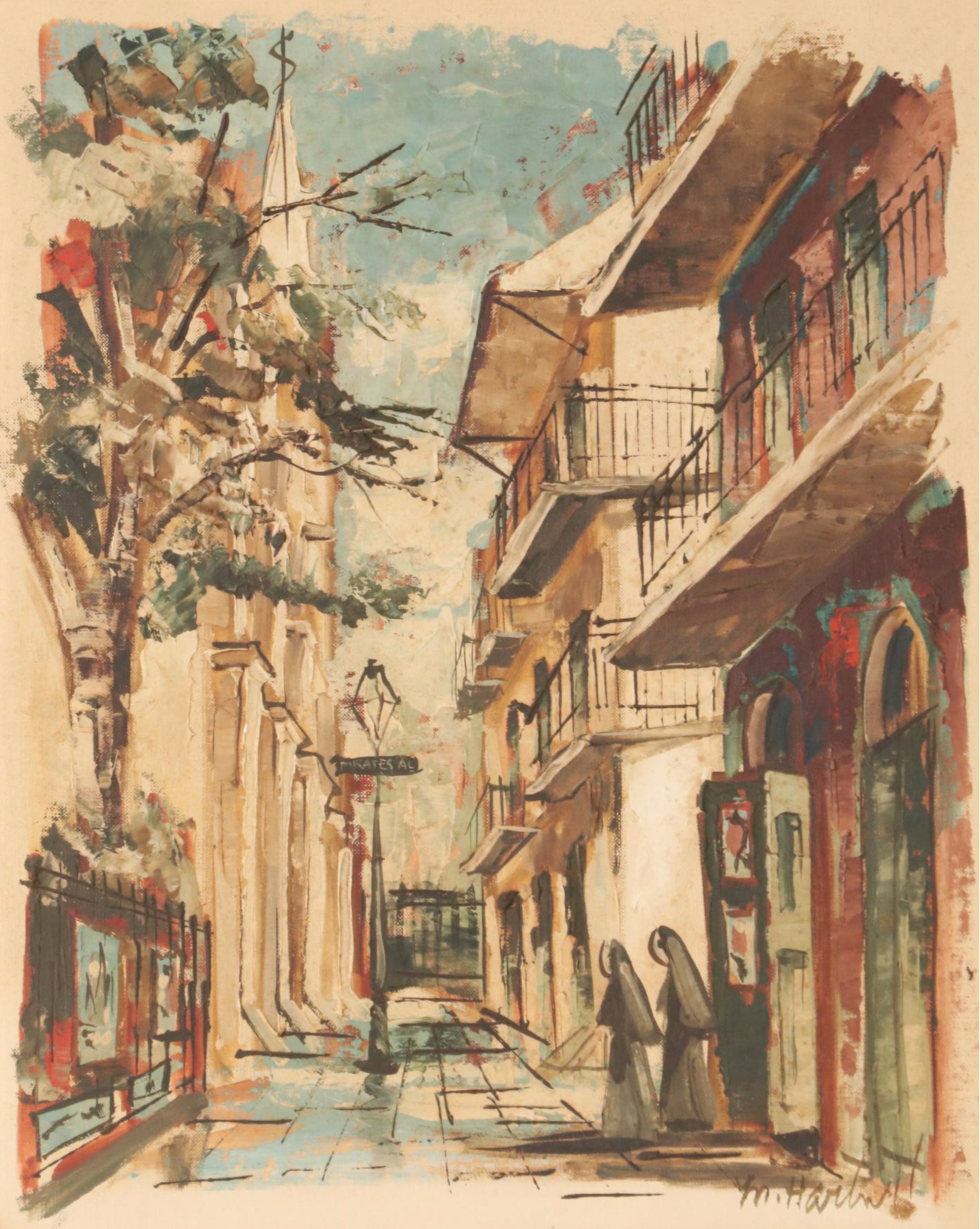 Maggie Hartnett Oil Painting of New Orleans Alley Scene, Mid 20th Century