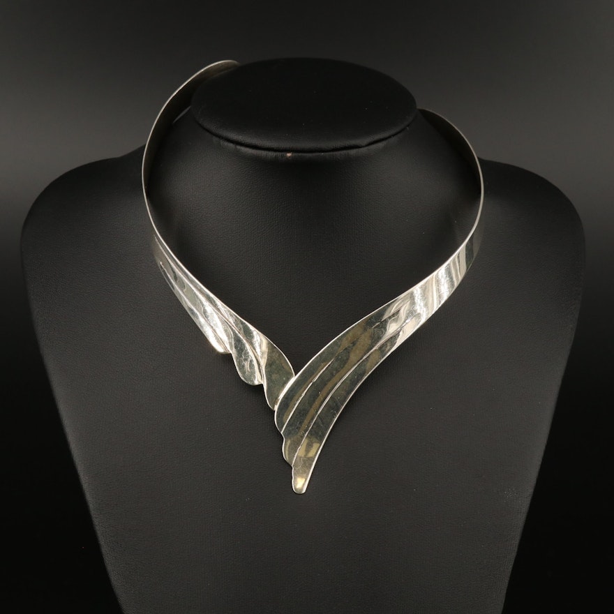 Sterling Silver Torque Necklace with Winged Motif