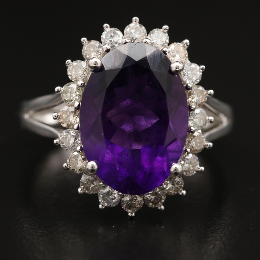 Sterling Silver Amethyst Ring with Diamond Halo