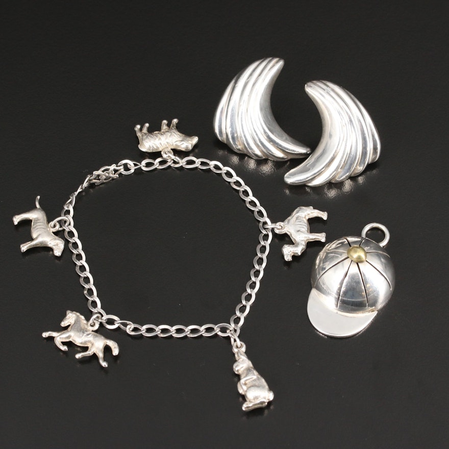 Selection of Sterling Silver Jewelry Featuring Animal Themed Charm Bracelet