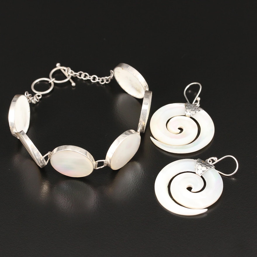 Sterling Silver Mother of Pearl Panel Link Bracelet and Swirl Dangle Earrings