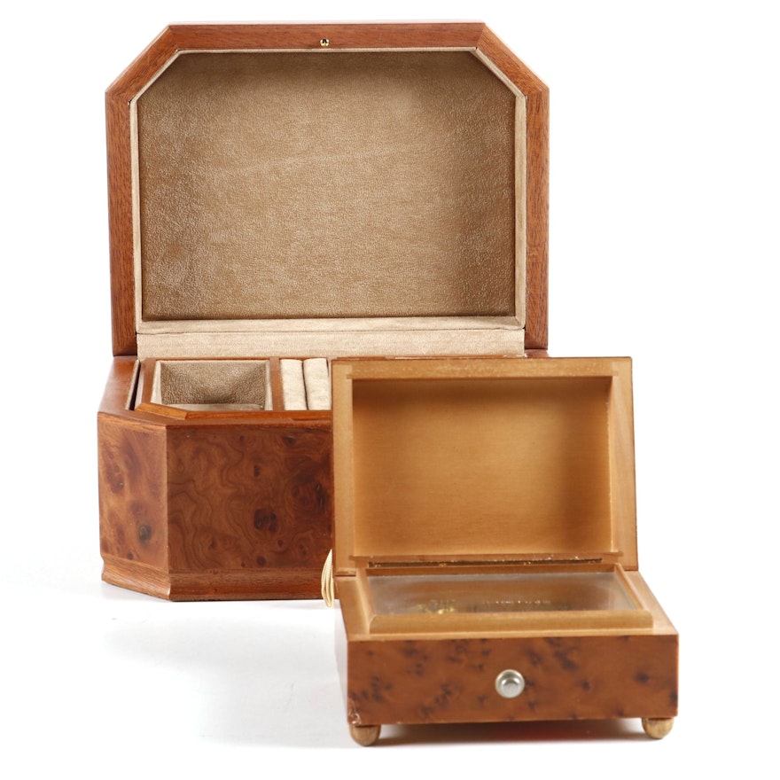 Agresti Italian Burl Wood Jewelry Box and Reuge Burl Music Box