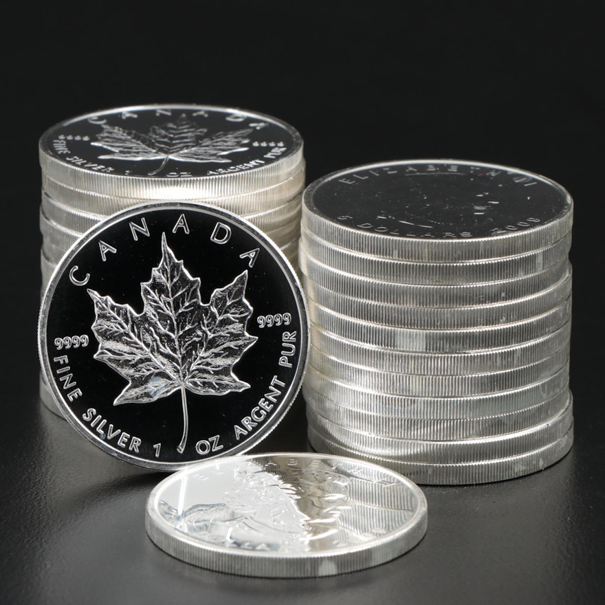 Roll of Twenty-Five 2009 $5 Canadian Maple Leaf Silver Bullion Coins