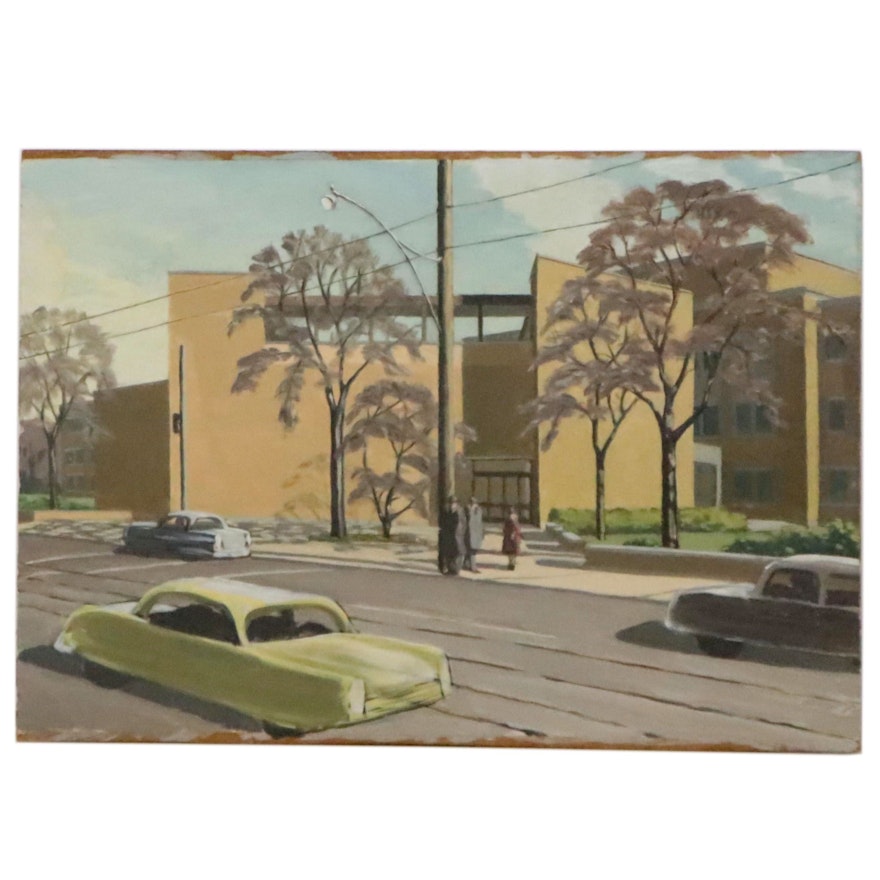 Street Scene Oil Painting, Late 20th Century