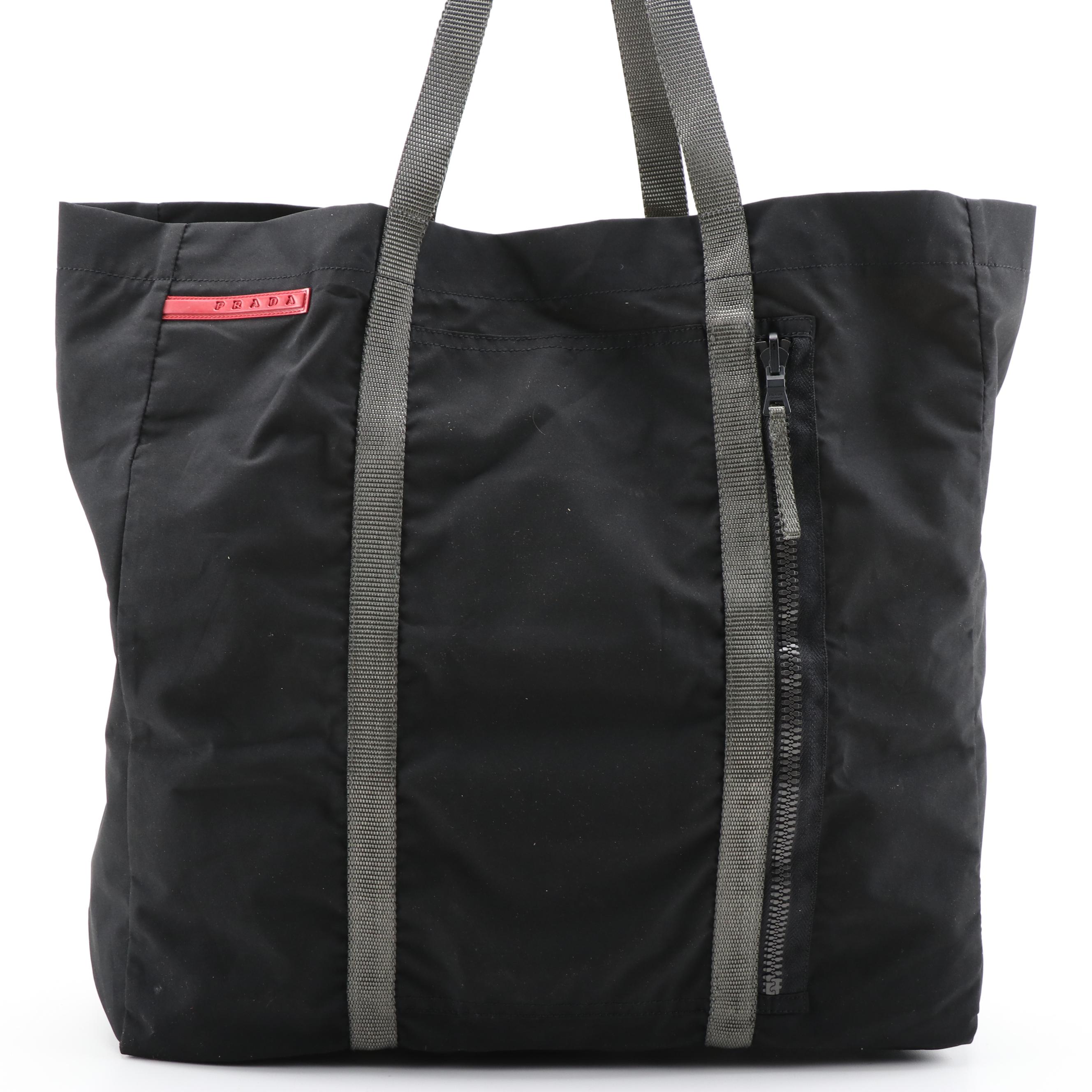 Prada Linea Rossa Tote Bag in Black Polyester Blend and Gray Grosgrain