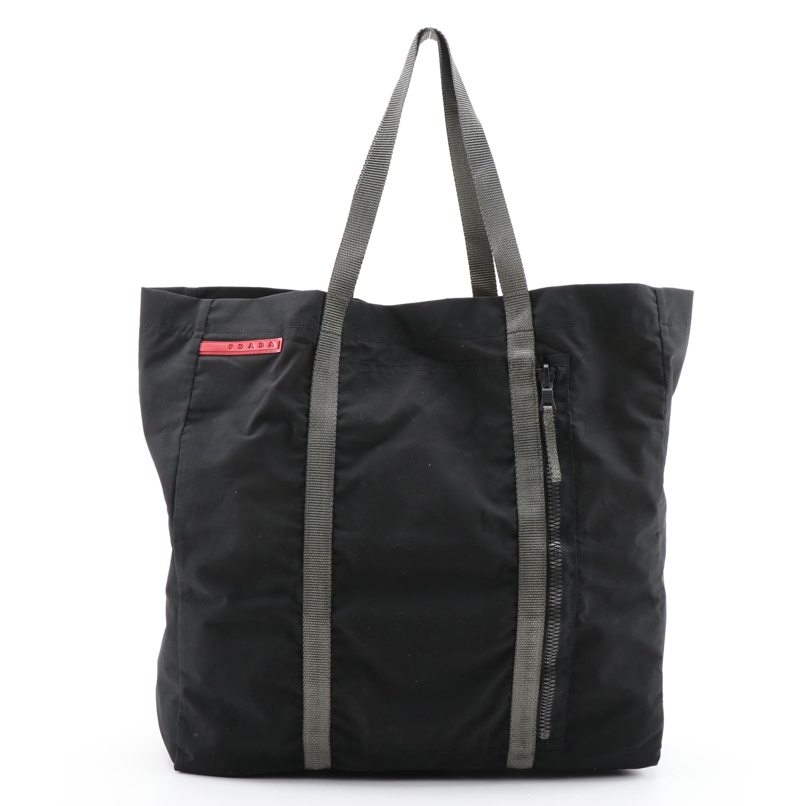 Prada Linea Rossa Tote Bag in Black Polyester Blend and Gray Grosgrain