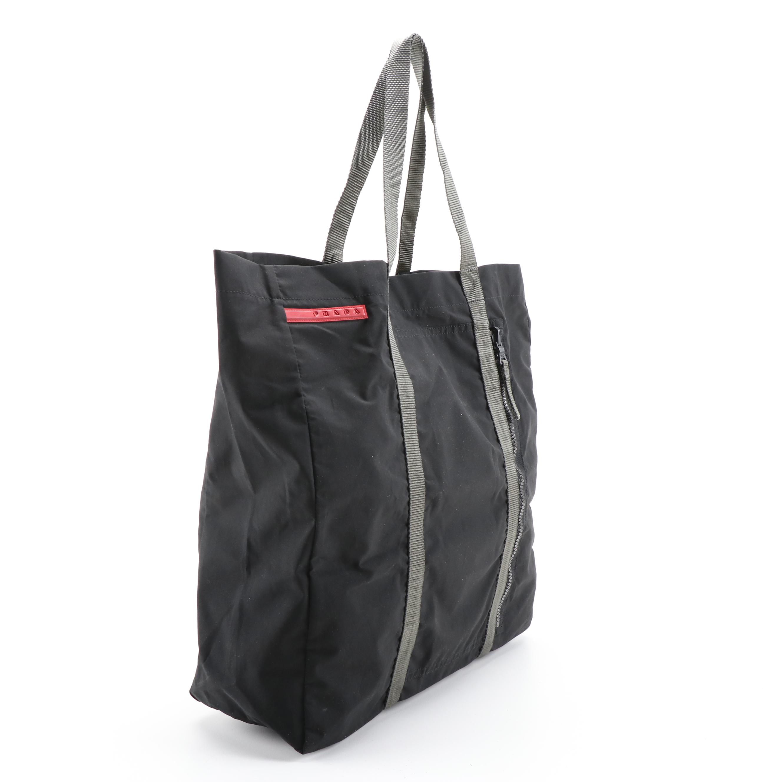 Prada Linea Rossa Tote Bag in Black Polyester Blend and Gray Grosgrain