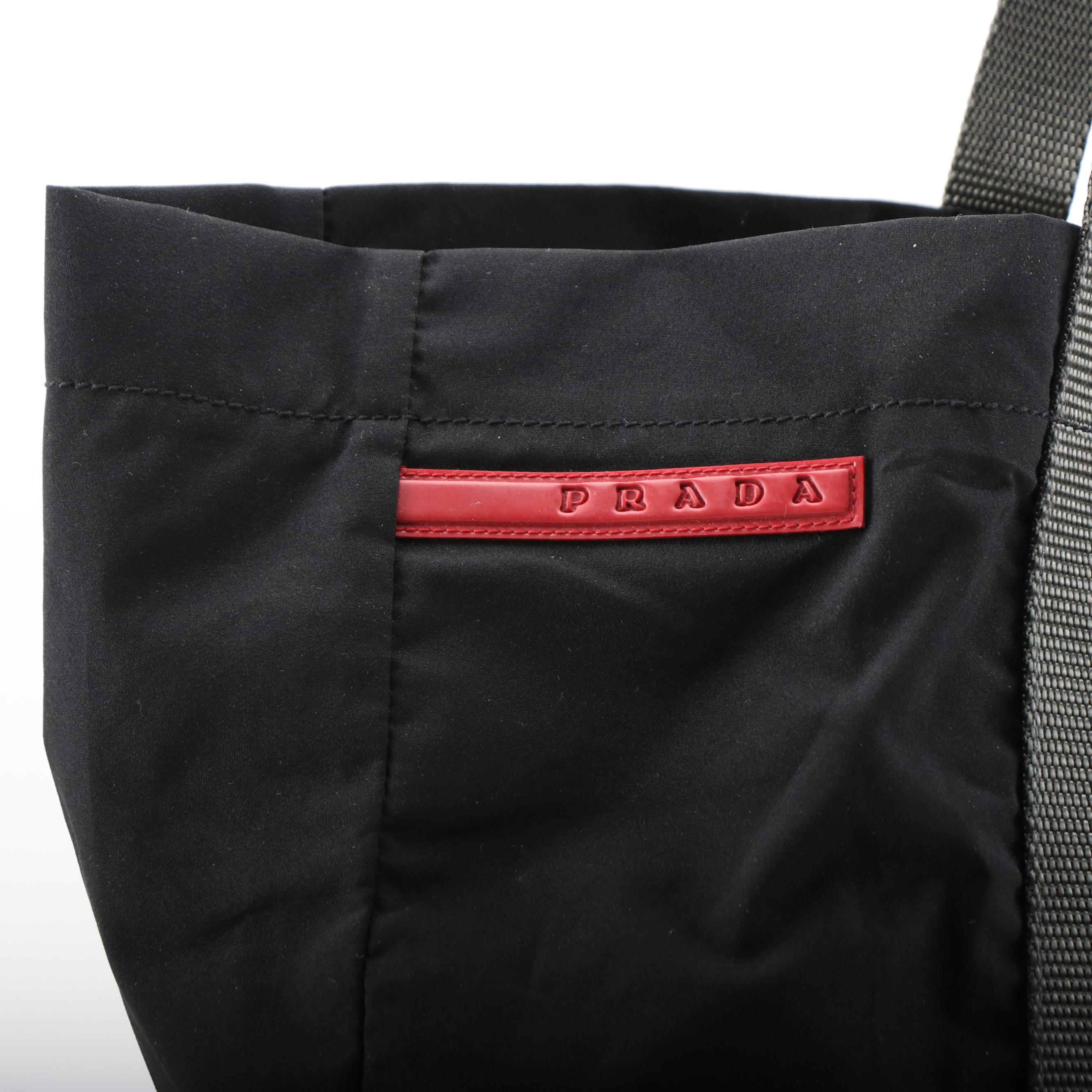 Prada Linea Rossa Tote Bag in Black Polyester Blend and Gray Grosgrain