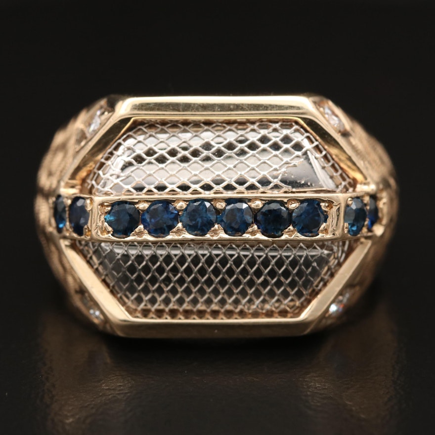 14K Sapphire and Diamond Ring with Mesh Detailing