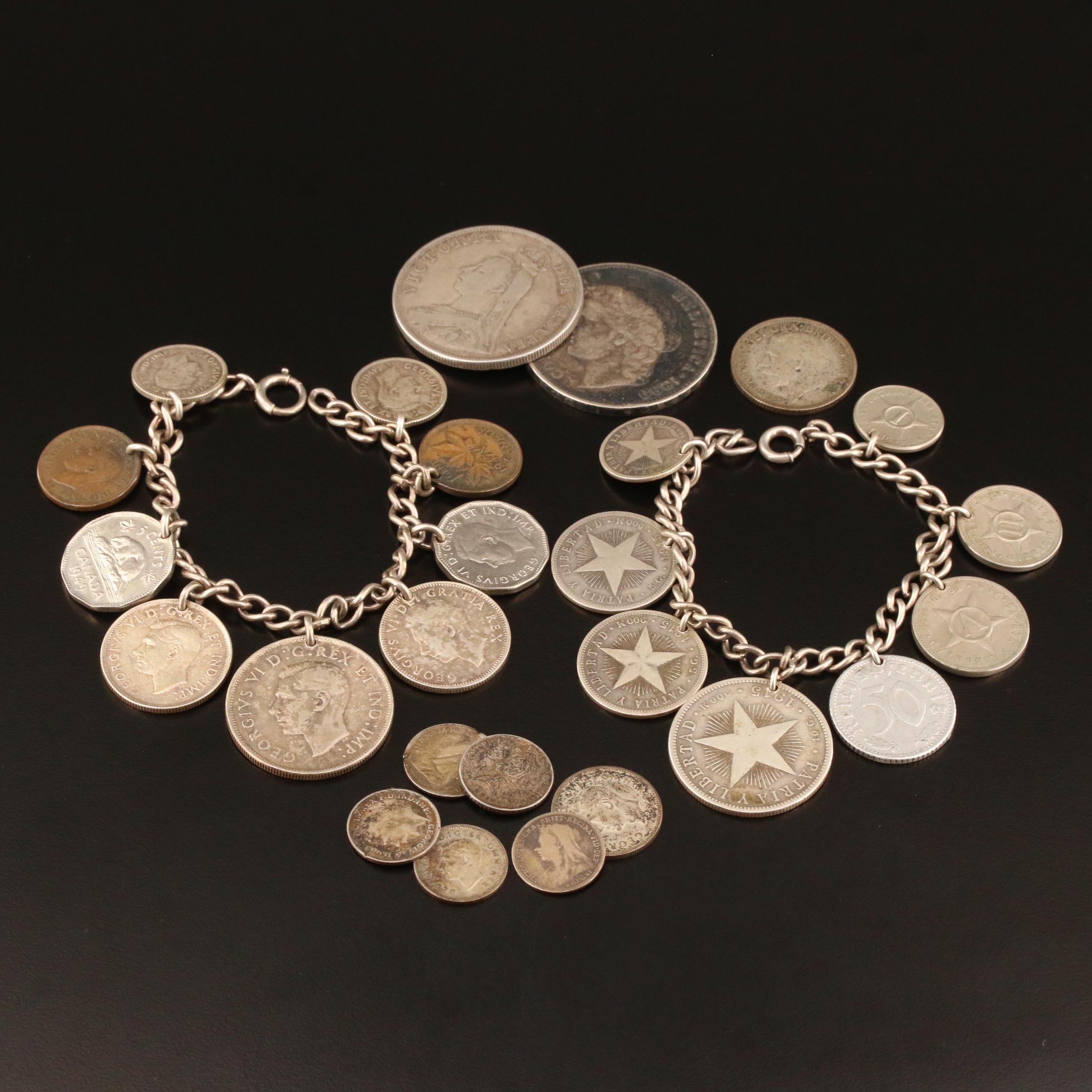 Vintage Sterling Coin Bracelets with Loose Foreign Silver Coins