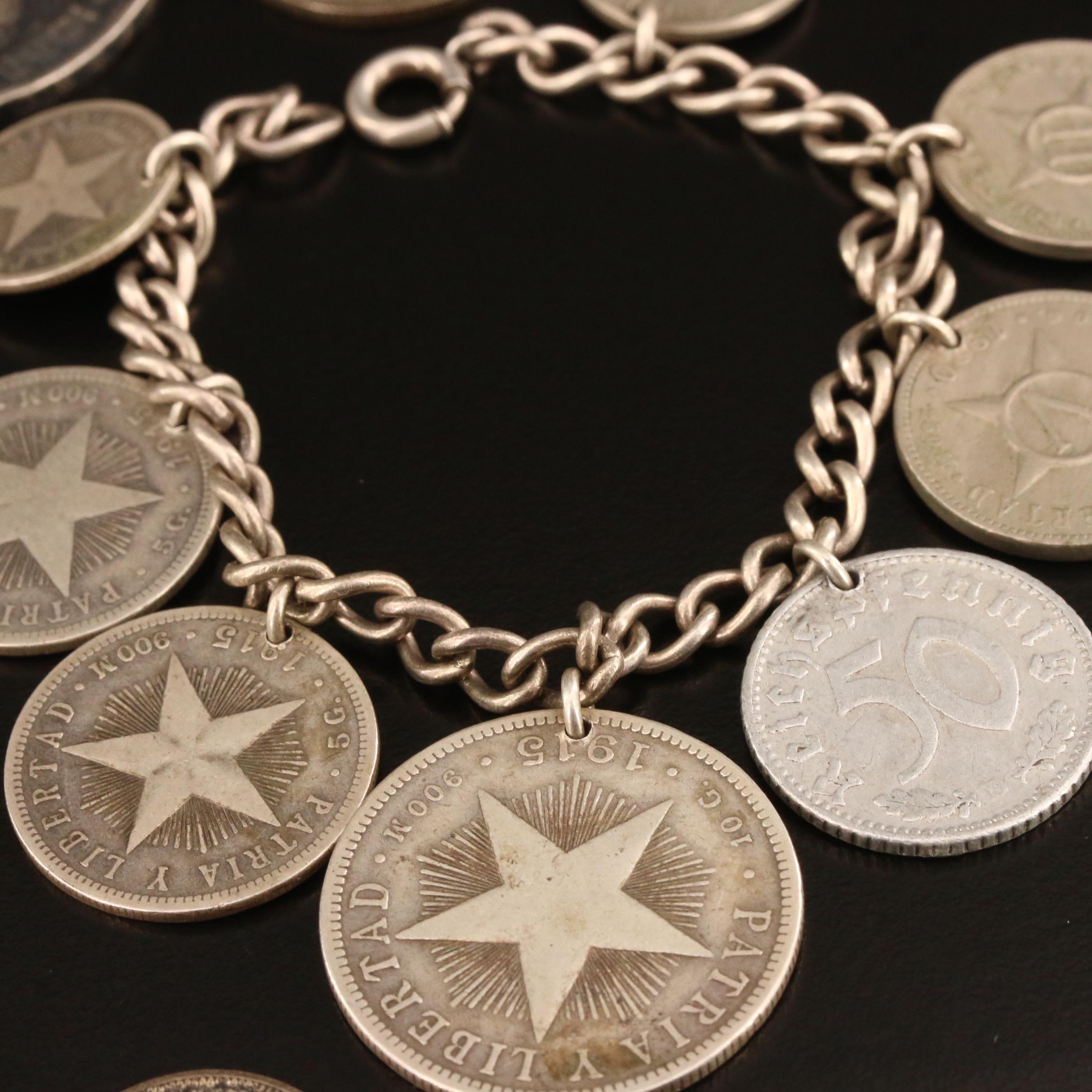 Vintage Sterling Coin Bracelets with Loose Foreign Silver Coins
