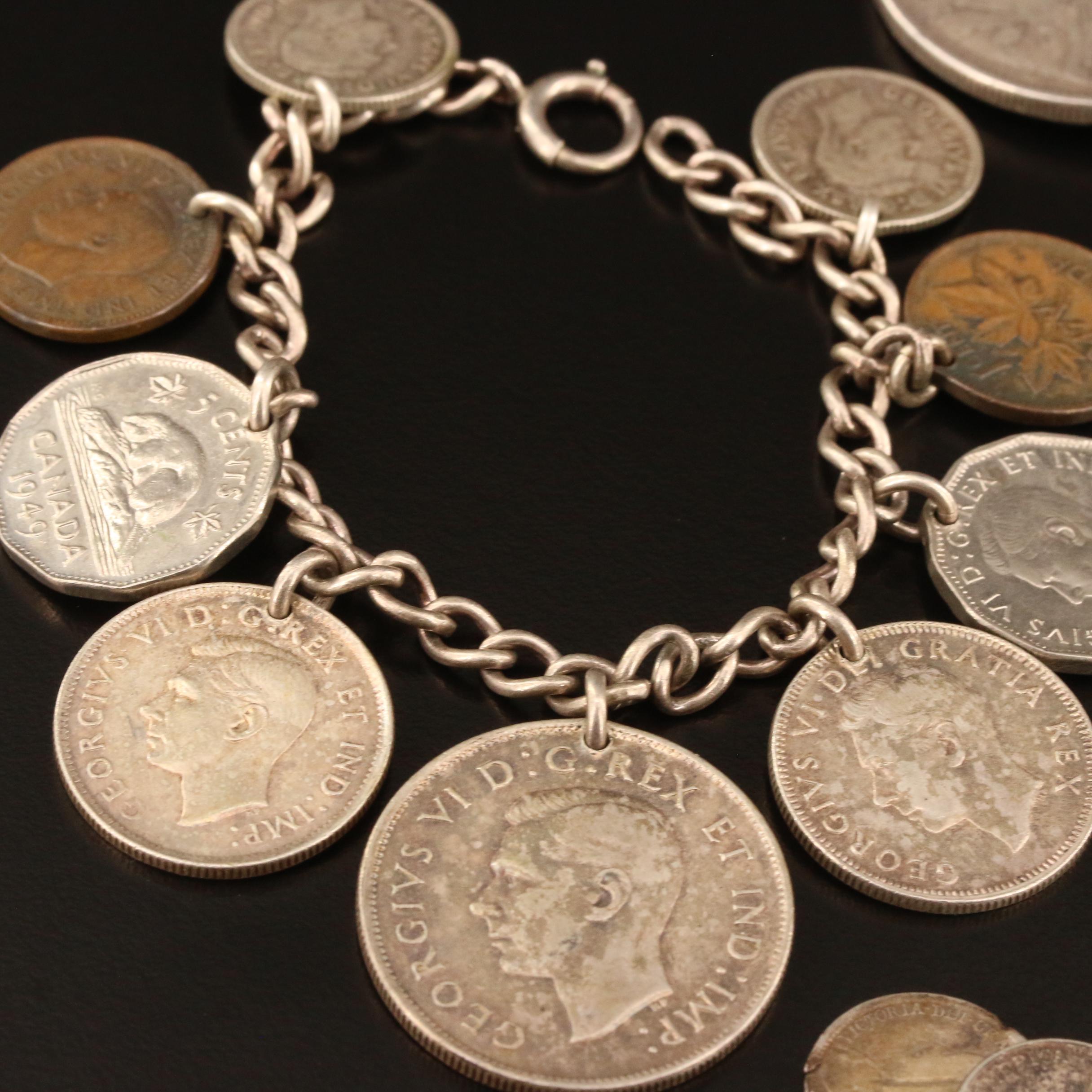 Vintage Sterling Coin Bracelets with Loose Foreign Silver Coins