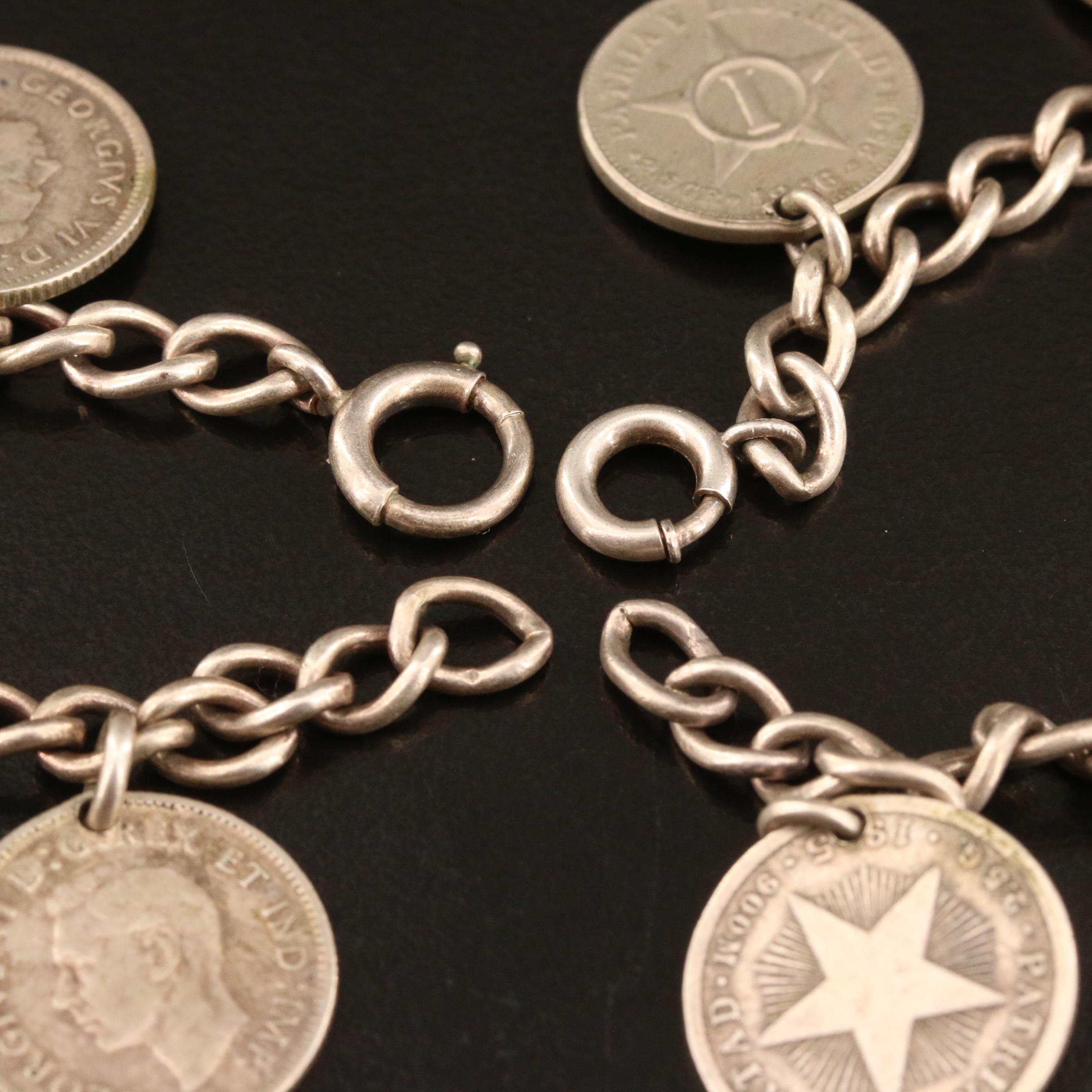 Vintage Sterling Coin Bracelets with Loose Foreign Silver Coins