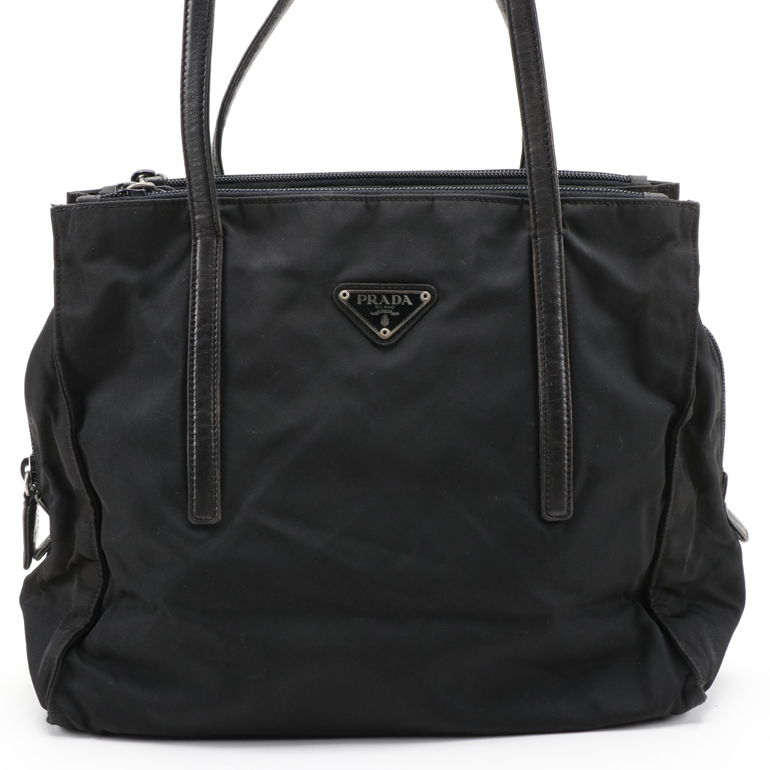 Prada Triple Compartment Shoulder Bag in Black Nylon and Leather