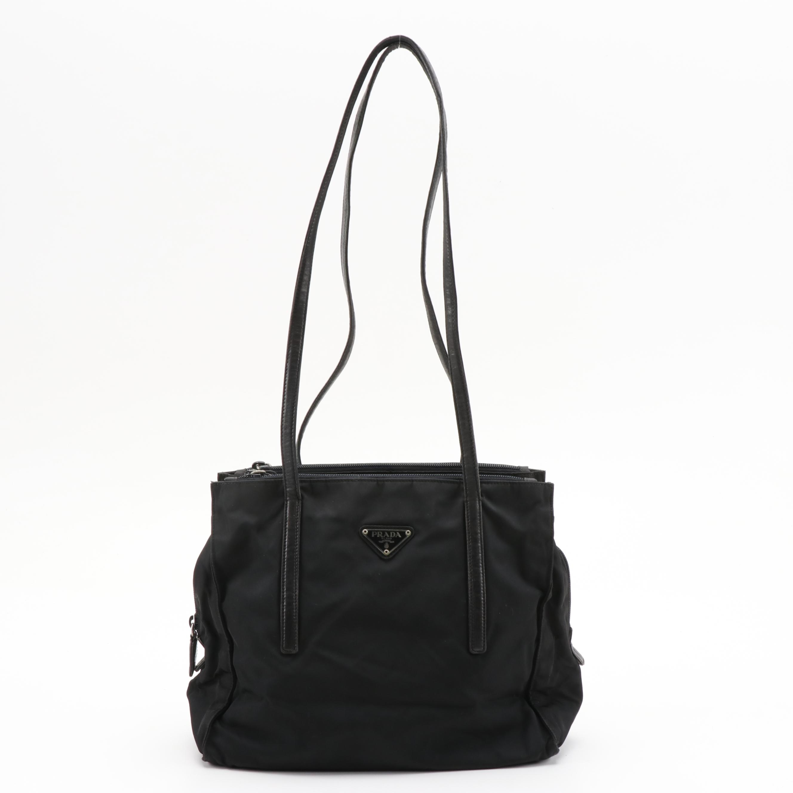 Prada Triple Compartment Shoulder Bag in Black Nylon and Leather