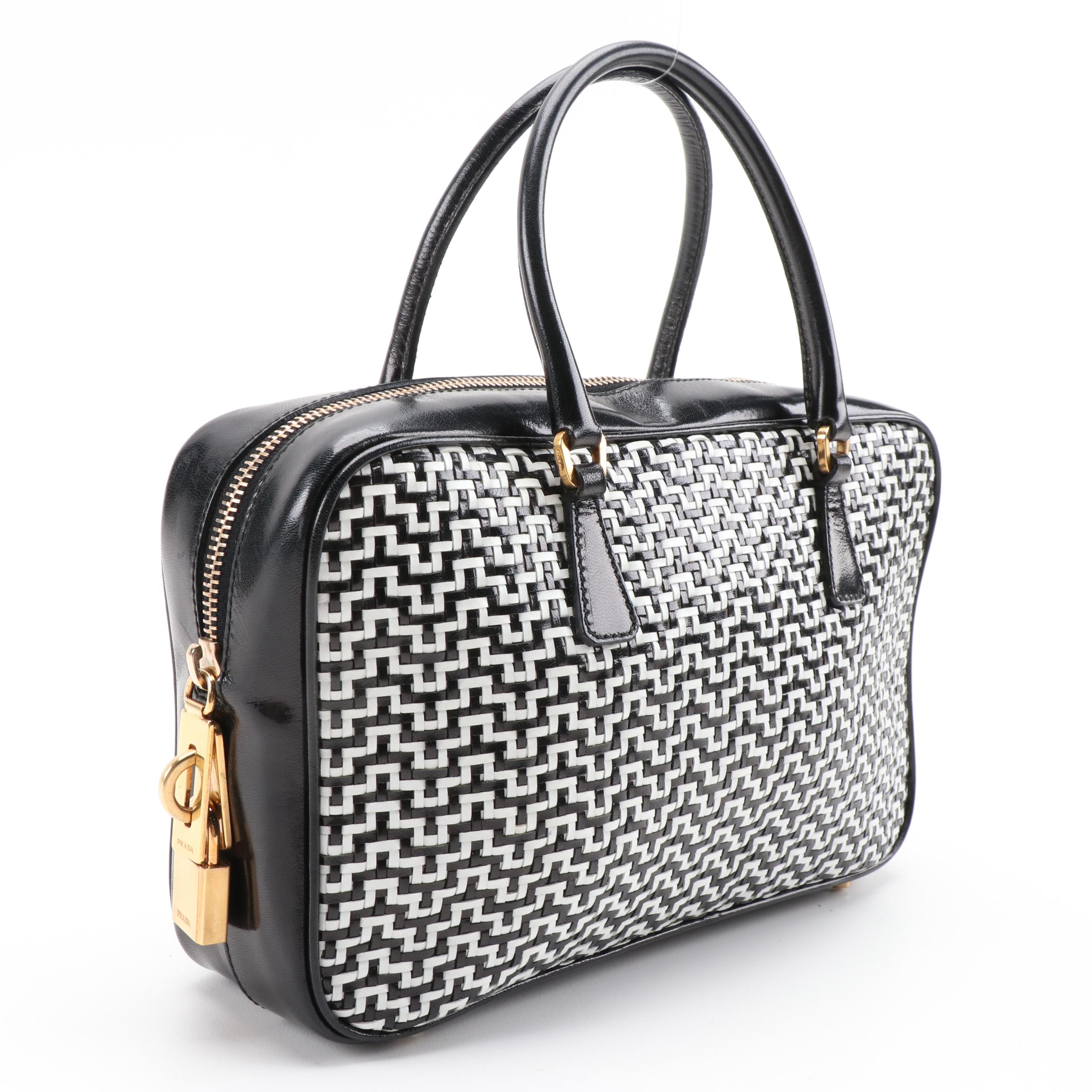 Prada Black and White Woven Leather Locking Handbag