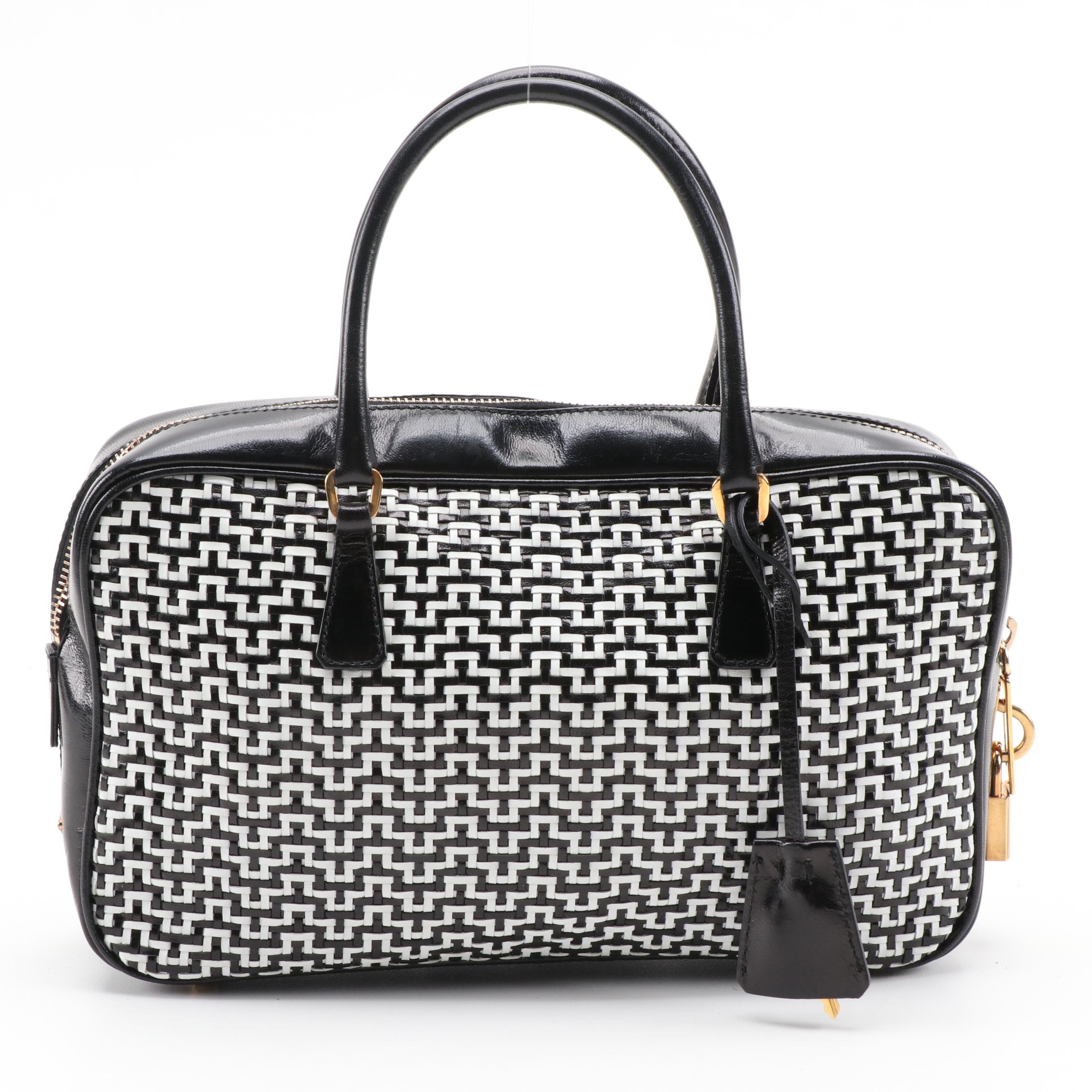 Prada Black and White Woven Leather Locking Handbag