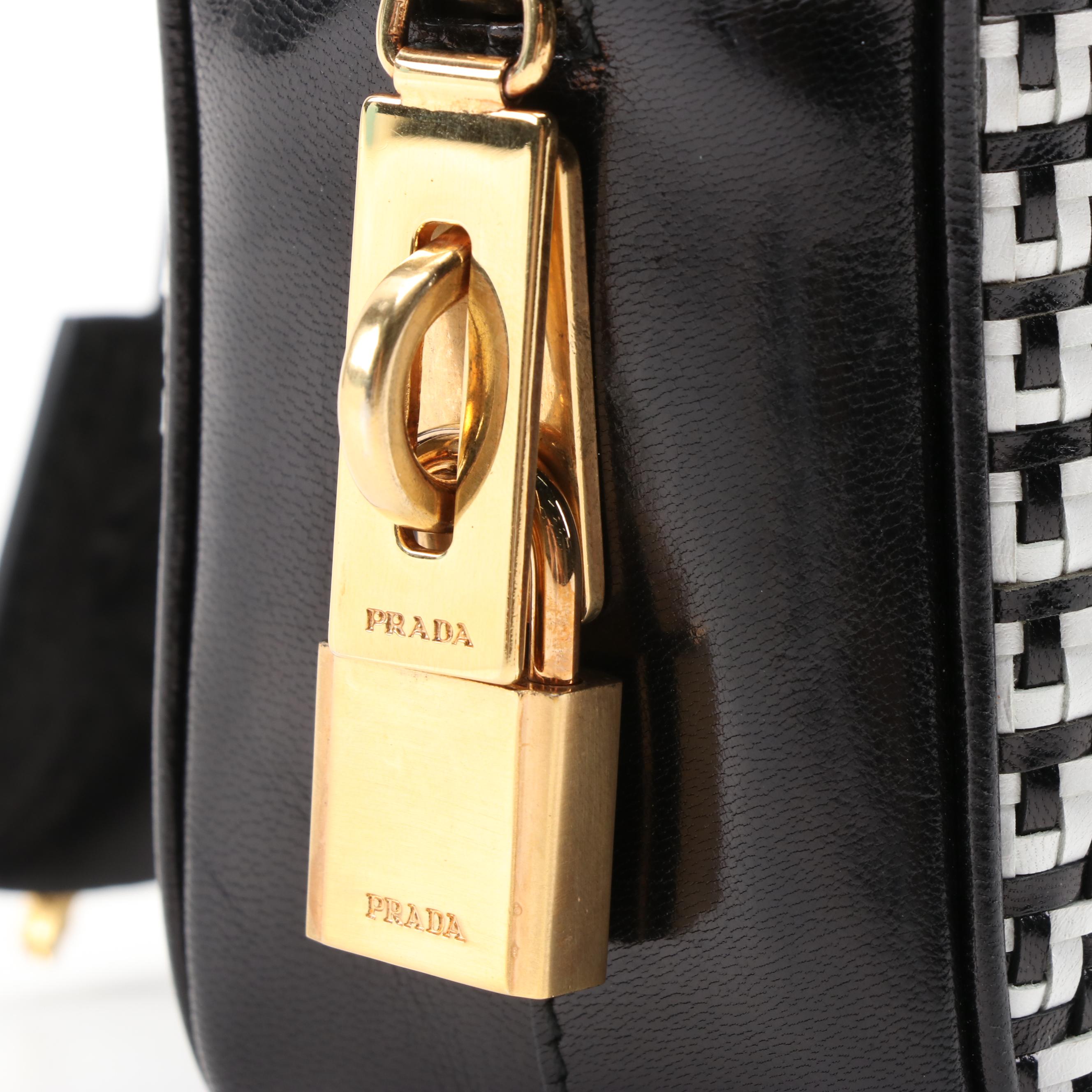 Prada Black and White Woven Leather Locking Handbag