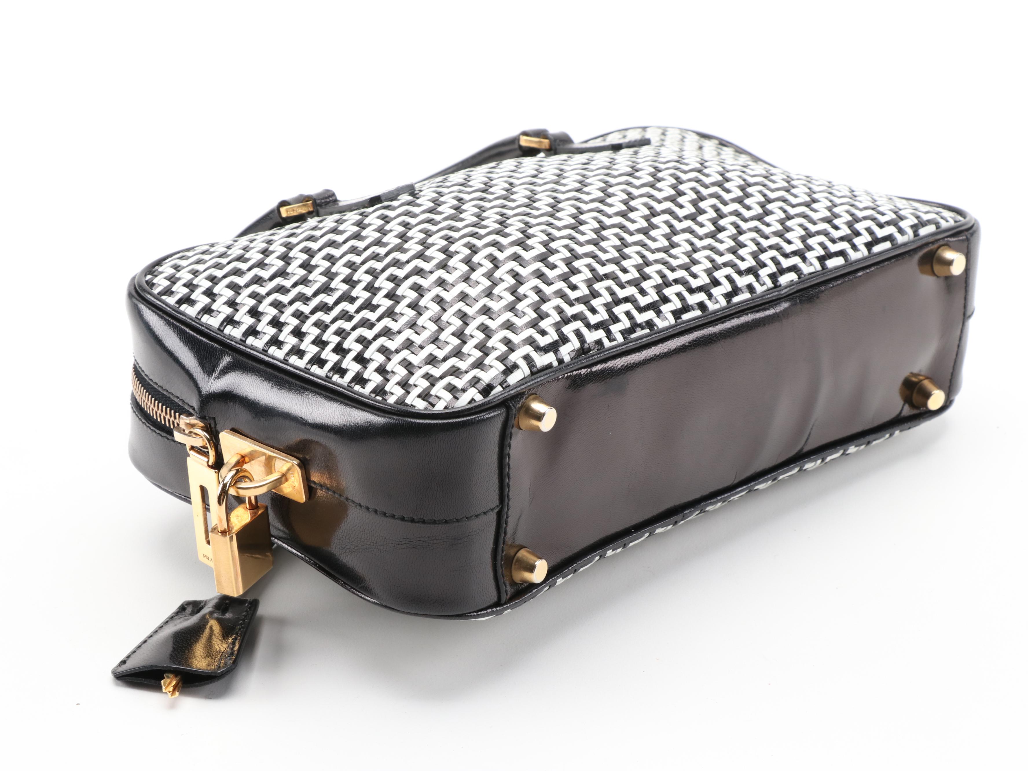 Prada Black and White Woven Leather Locking Handbag