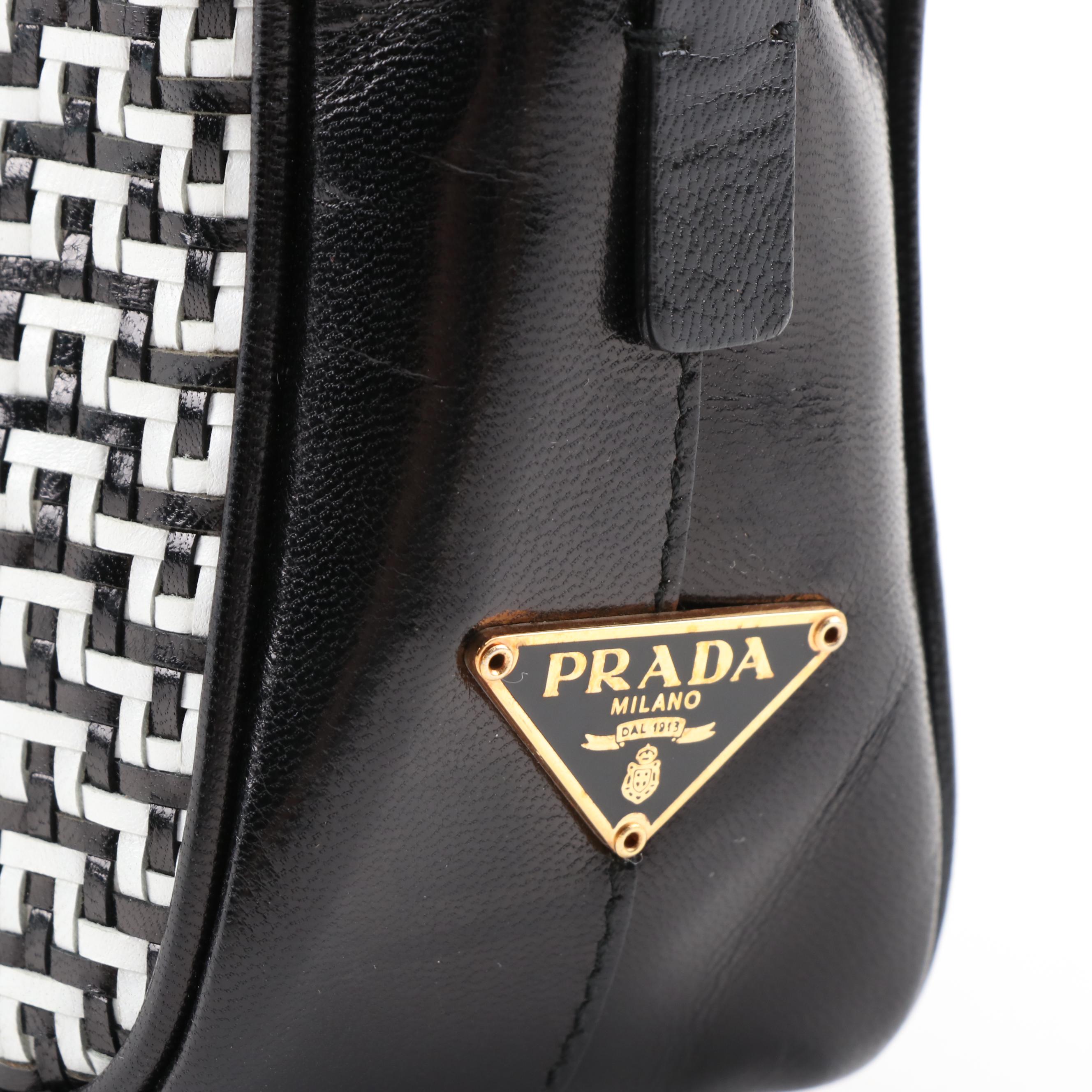 Prada Black and White Woven Leather Locking Handbag