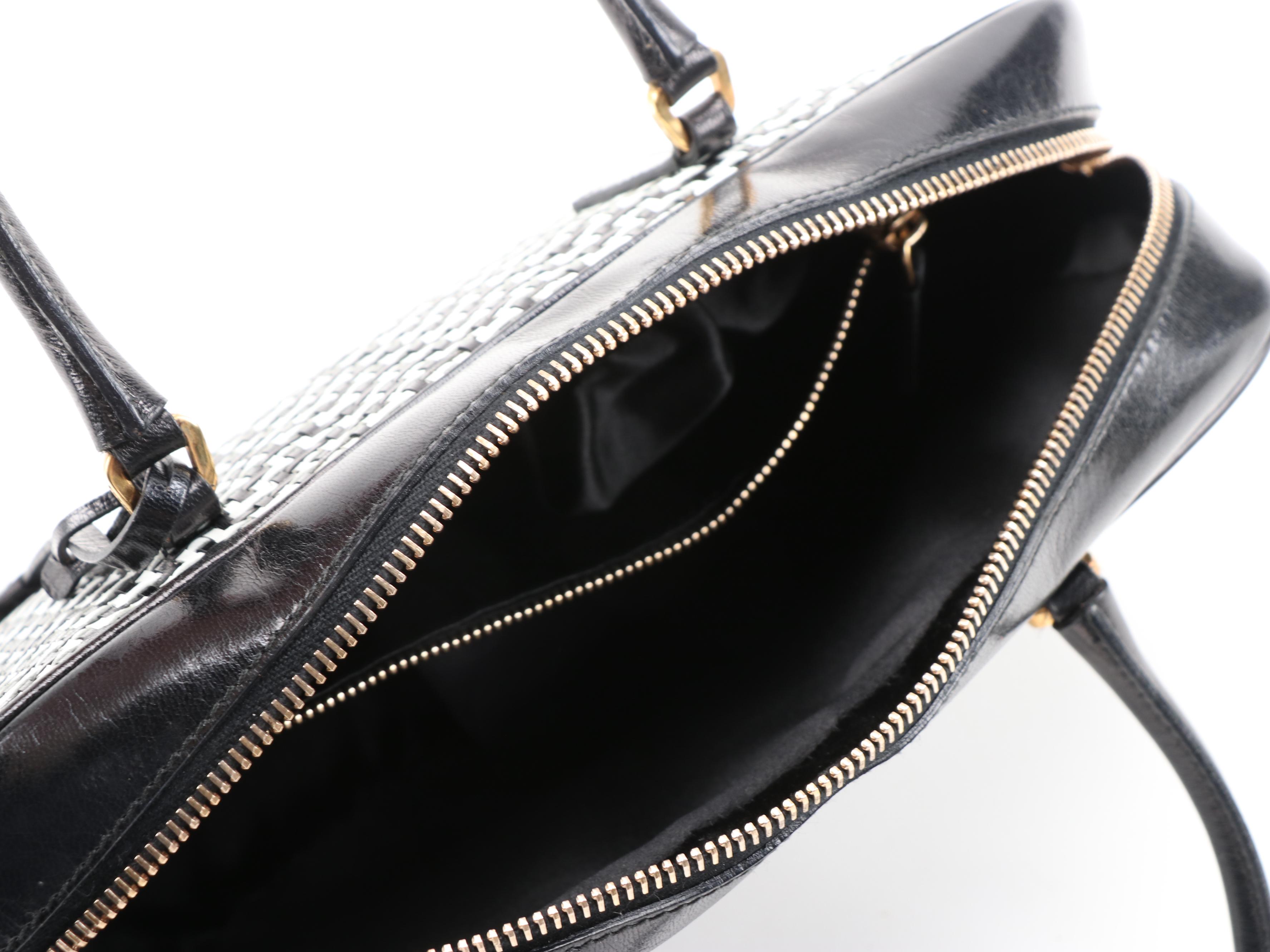 Prada Black and White Woven Leather Locking Handbag