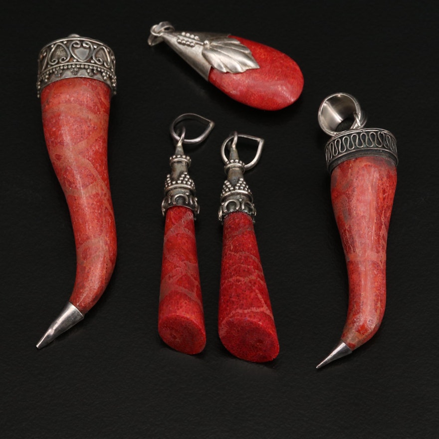 Sterling Silver Coral Pendants Featuring Horn and Teardrop Shapes