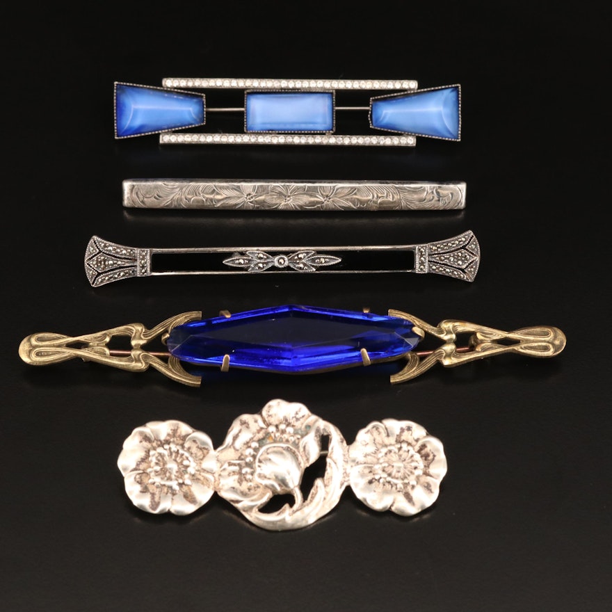Vintage Sterling Bar Brooches Featuring Blue Glass Art Deco and Art Nouveau