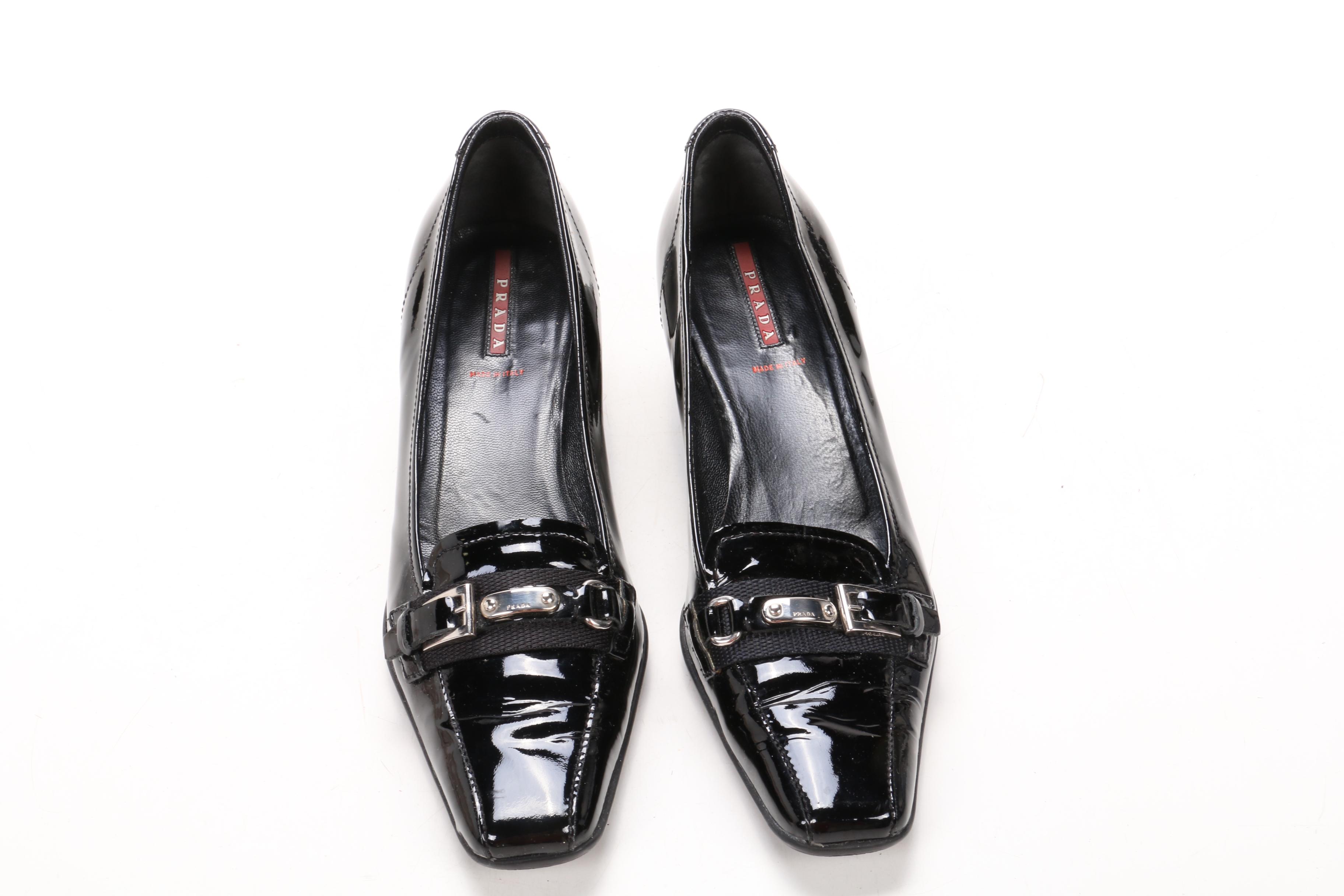 Prada Kitten Heel Loafers in Black Patent Leather