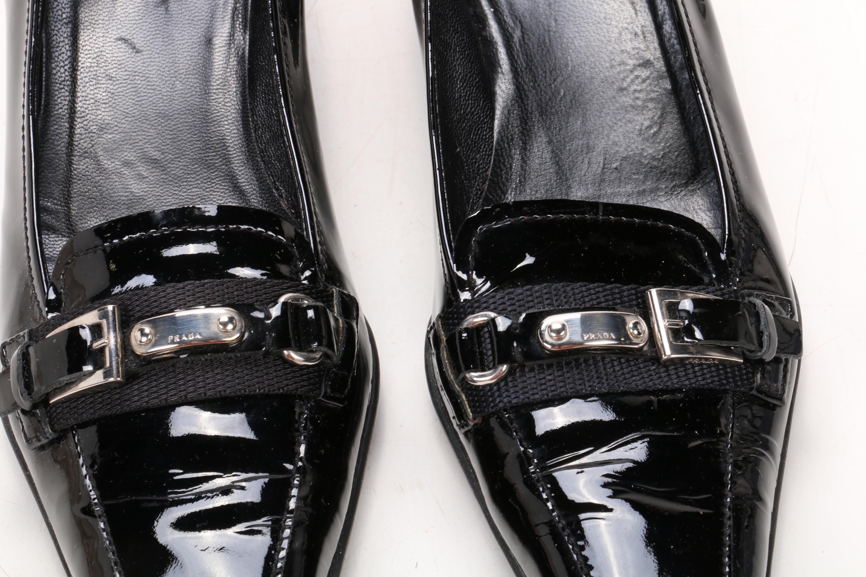 Prada Kitten Heel Loafers in Black Patent Leather